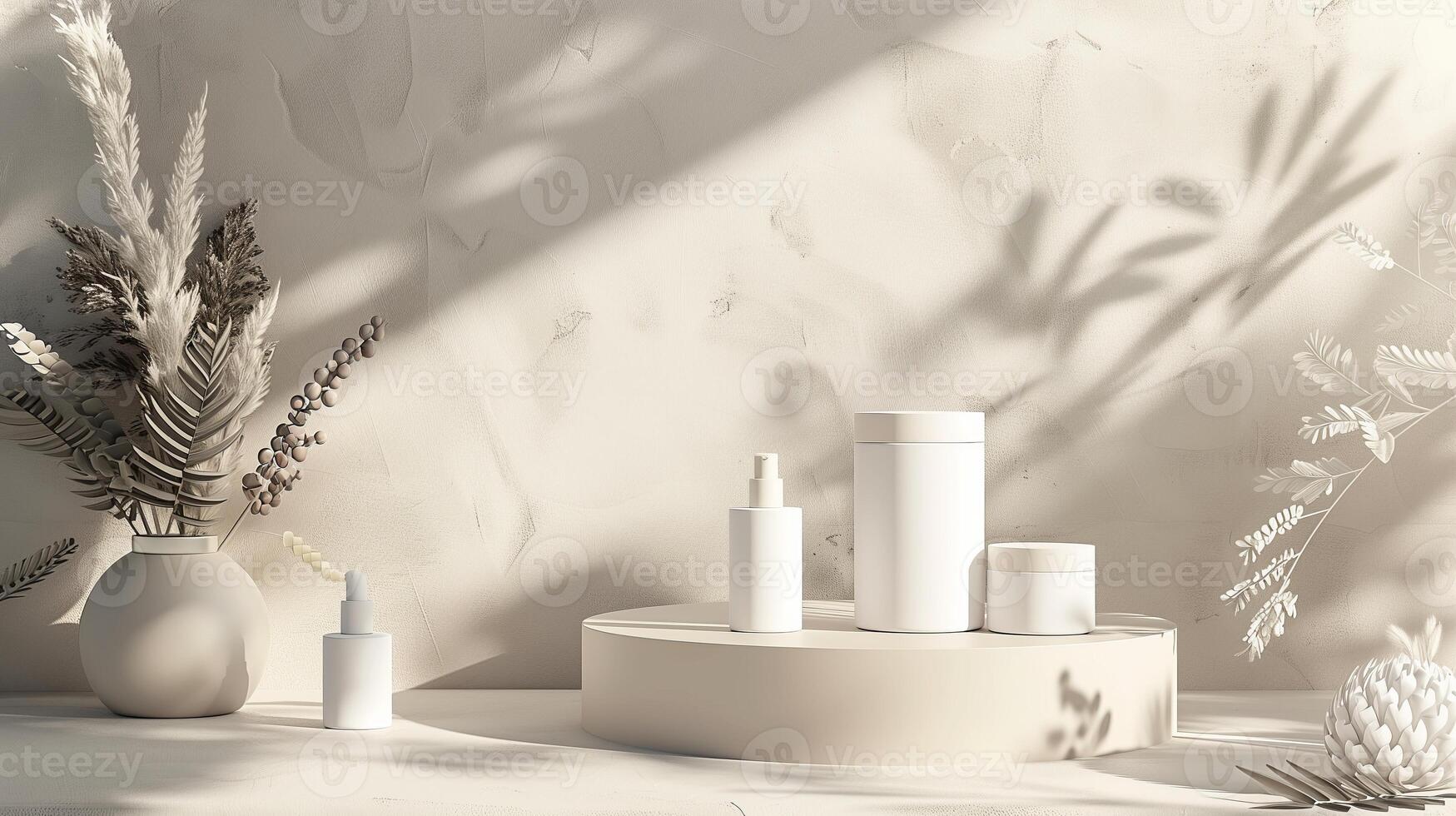Beauty products on a podium in a clay colored background. photo