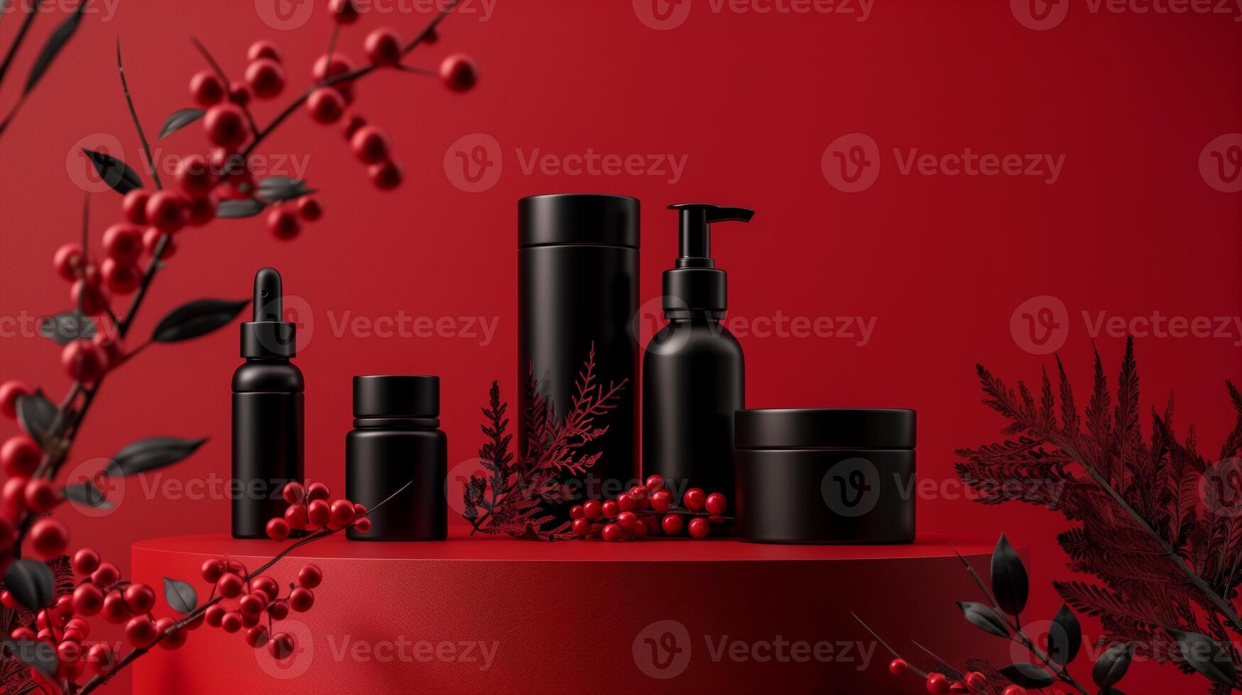 Red background with bottles of skin care products on the podium. photo
