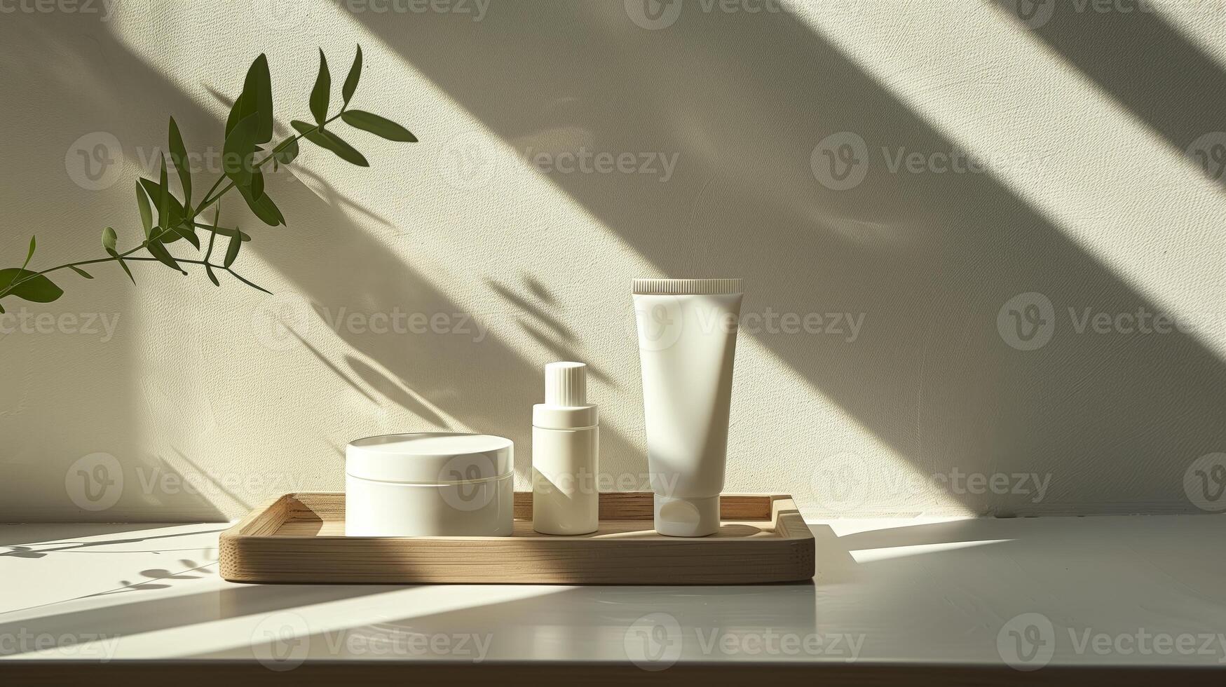 A mockup of white and black skincare tubes on a wooden tray. photo