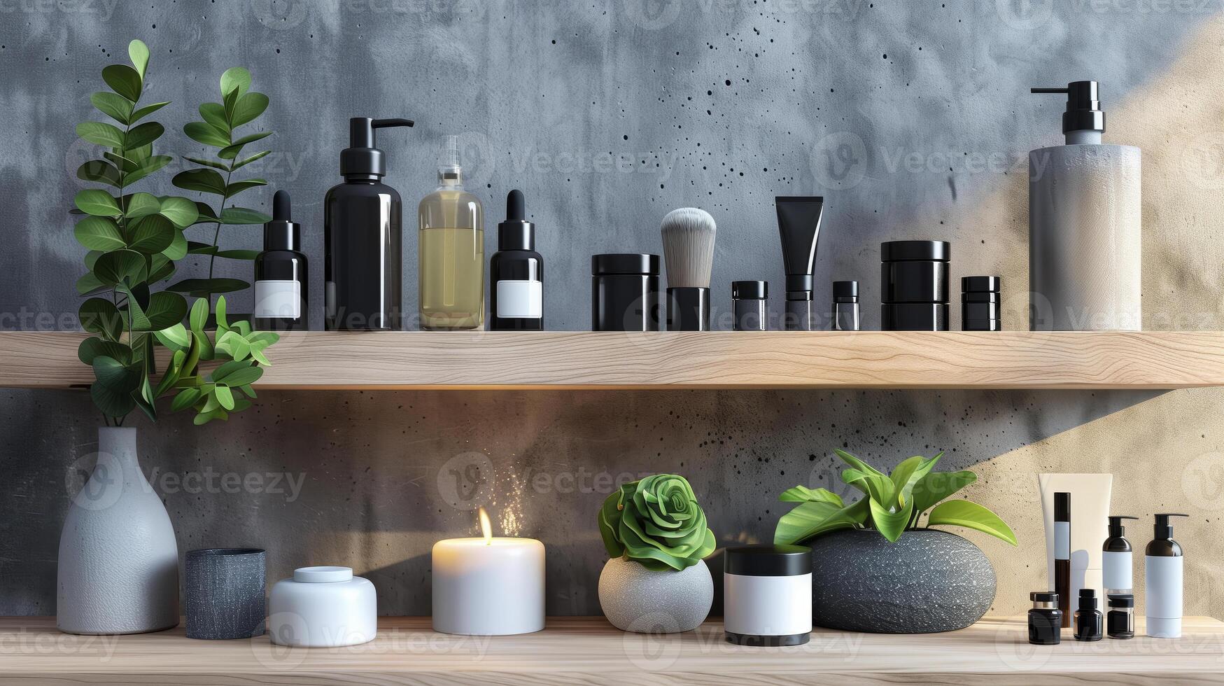 A wooden shelf with cosmetic bottles against the background of concrete walls. photo