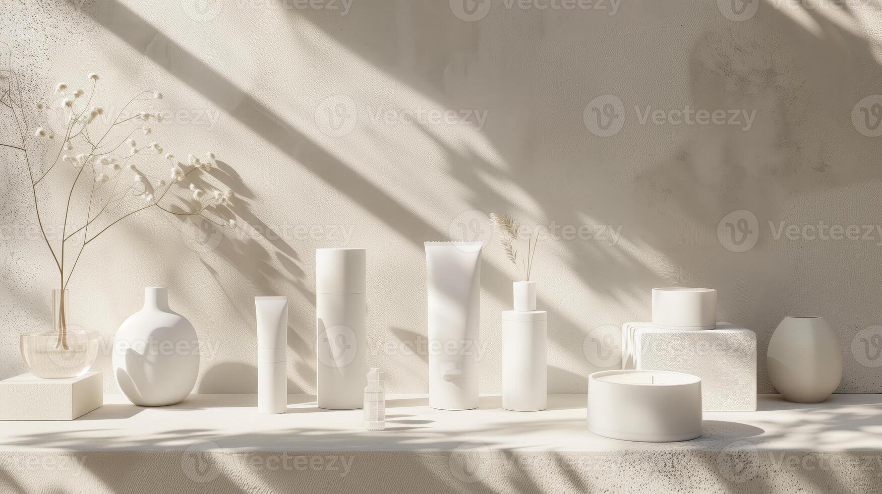 Beauty products on a podium in a clay colored background. photo