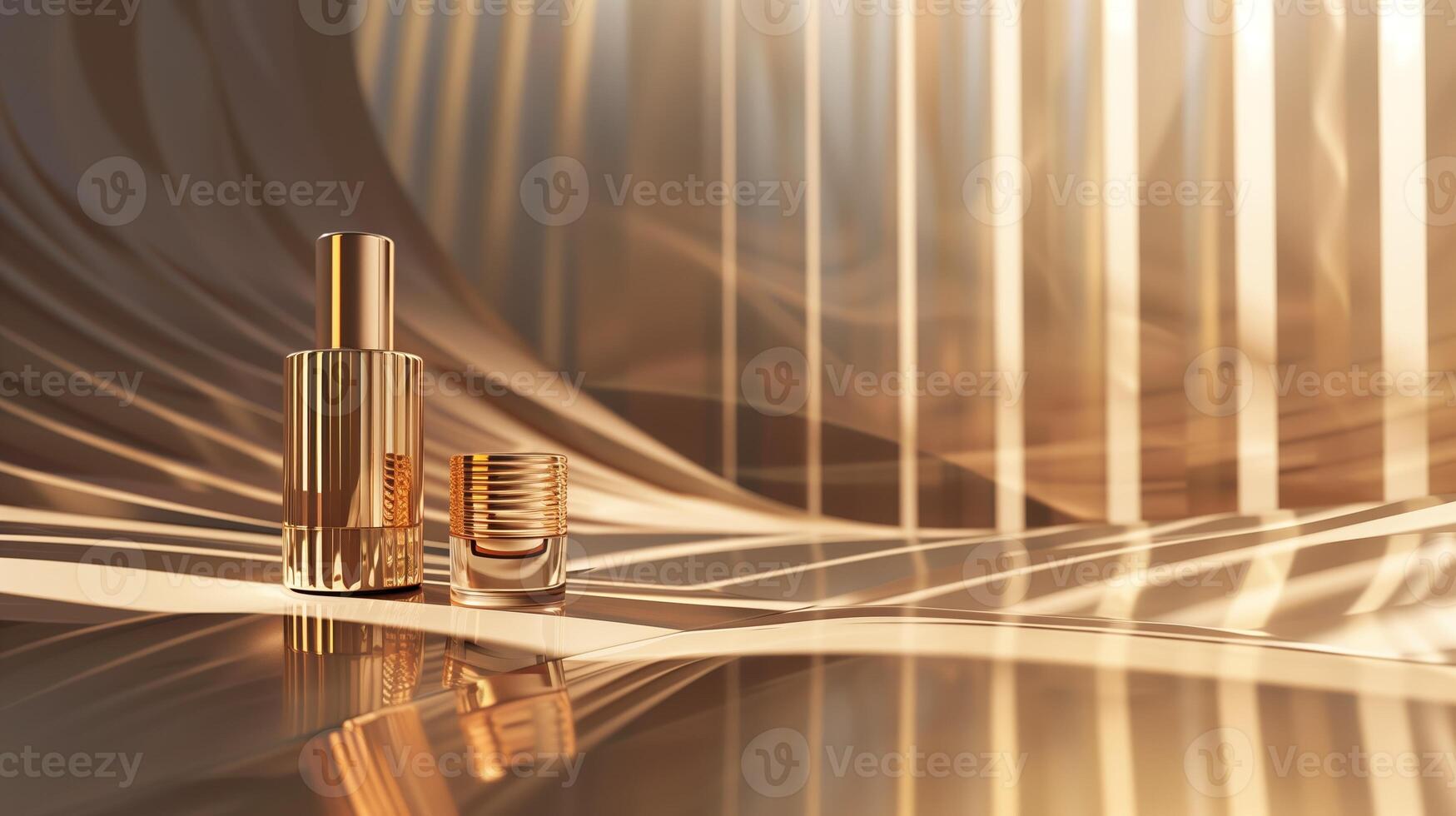 A high-end cosmetic product photograph featuring, placed against an abstract background with geometric patterns. photo