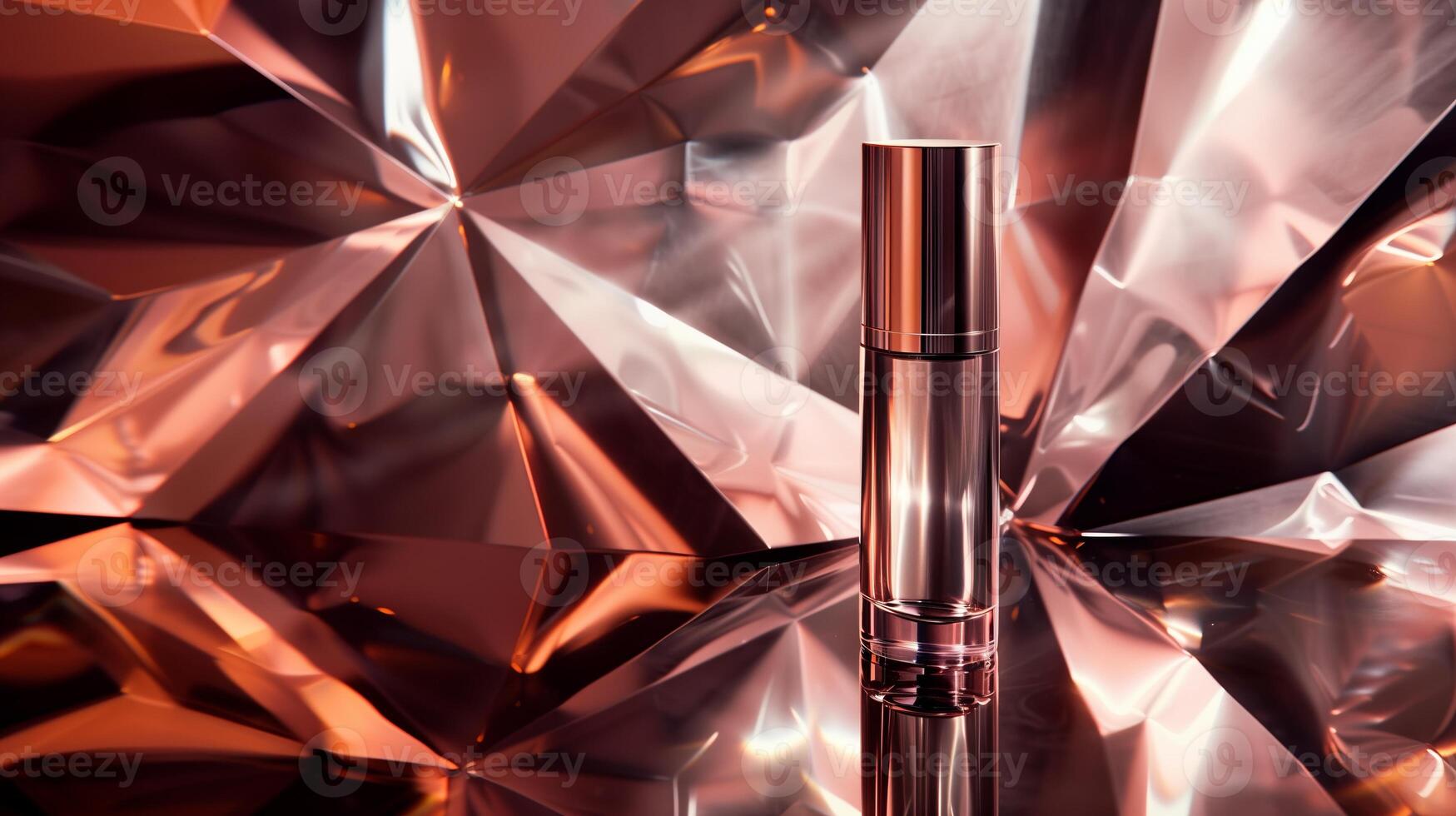 A high-end cosmetic product photograph featuring, placed against an abstract background with geometric patterns. photo