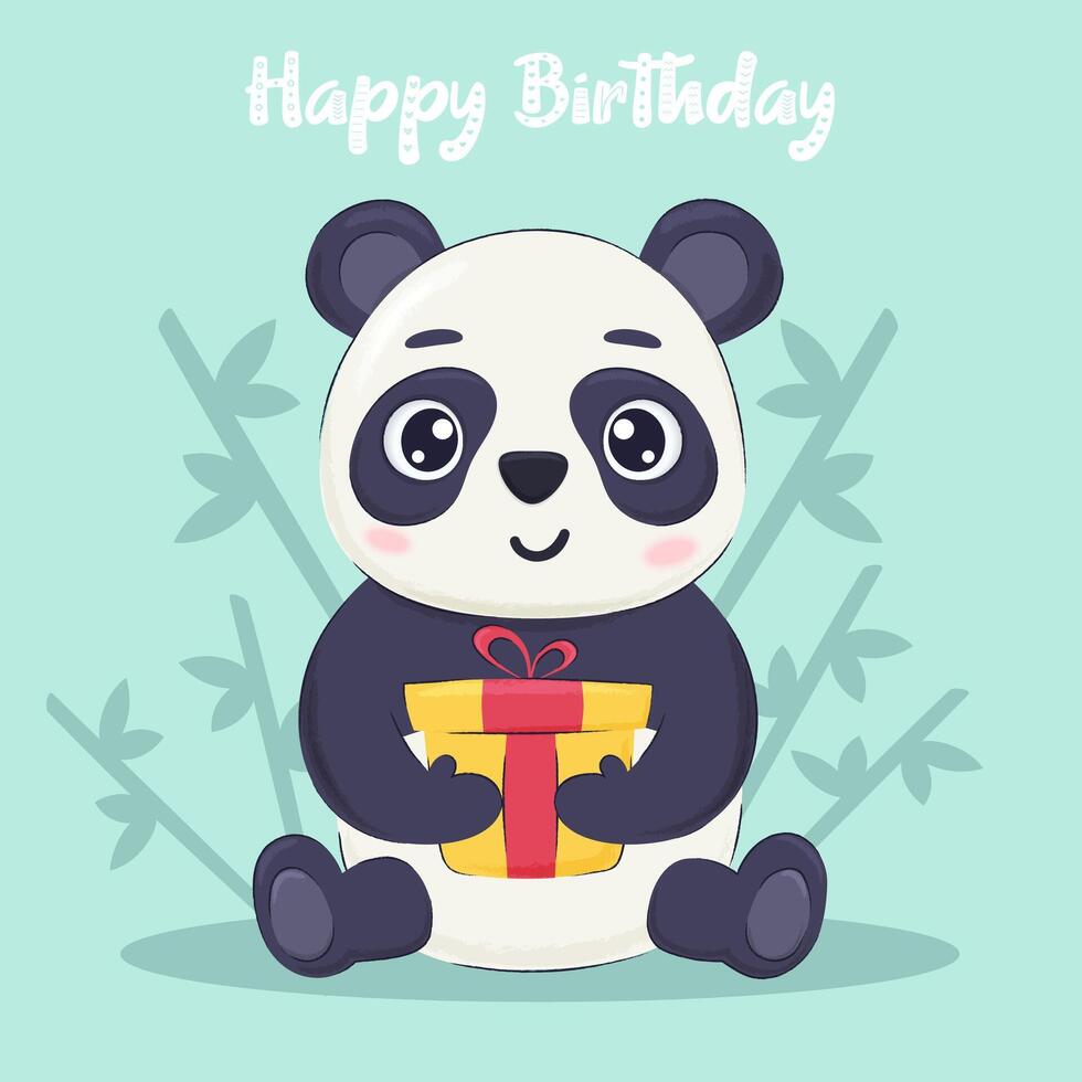 Happy birthday card, invitation concept with cute panda holding gift box and bamboo background vector