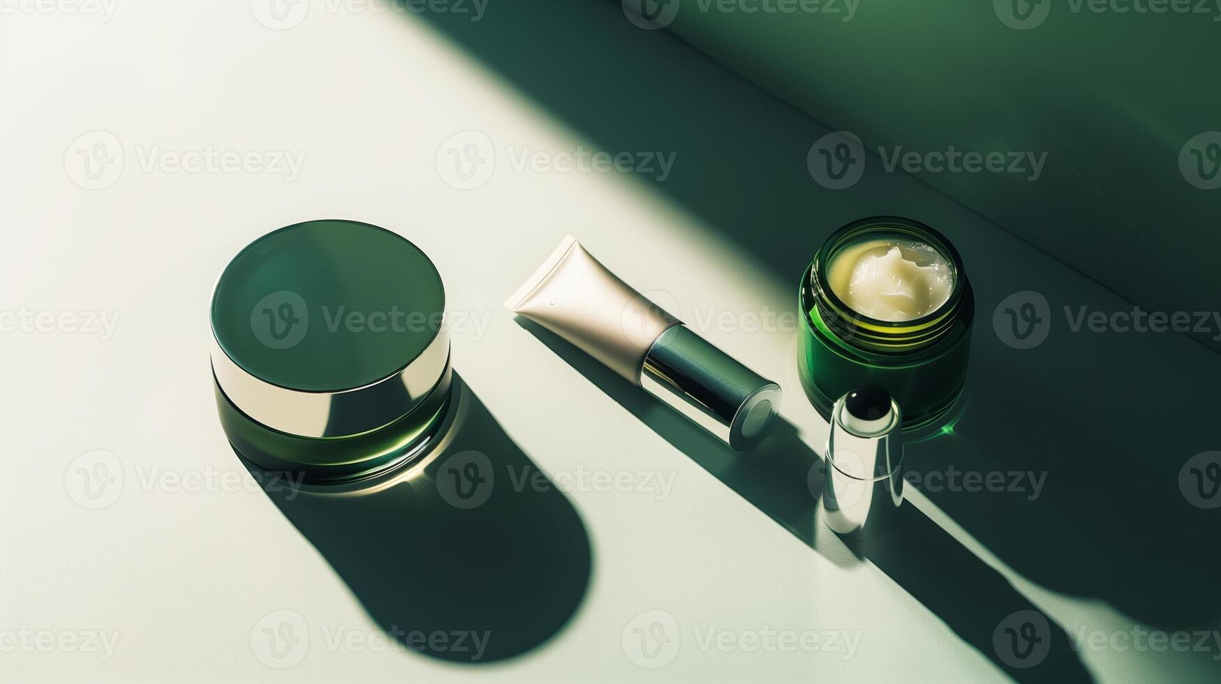 A dark green background with skincare products placed on it, surrounded by sunlight. photo