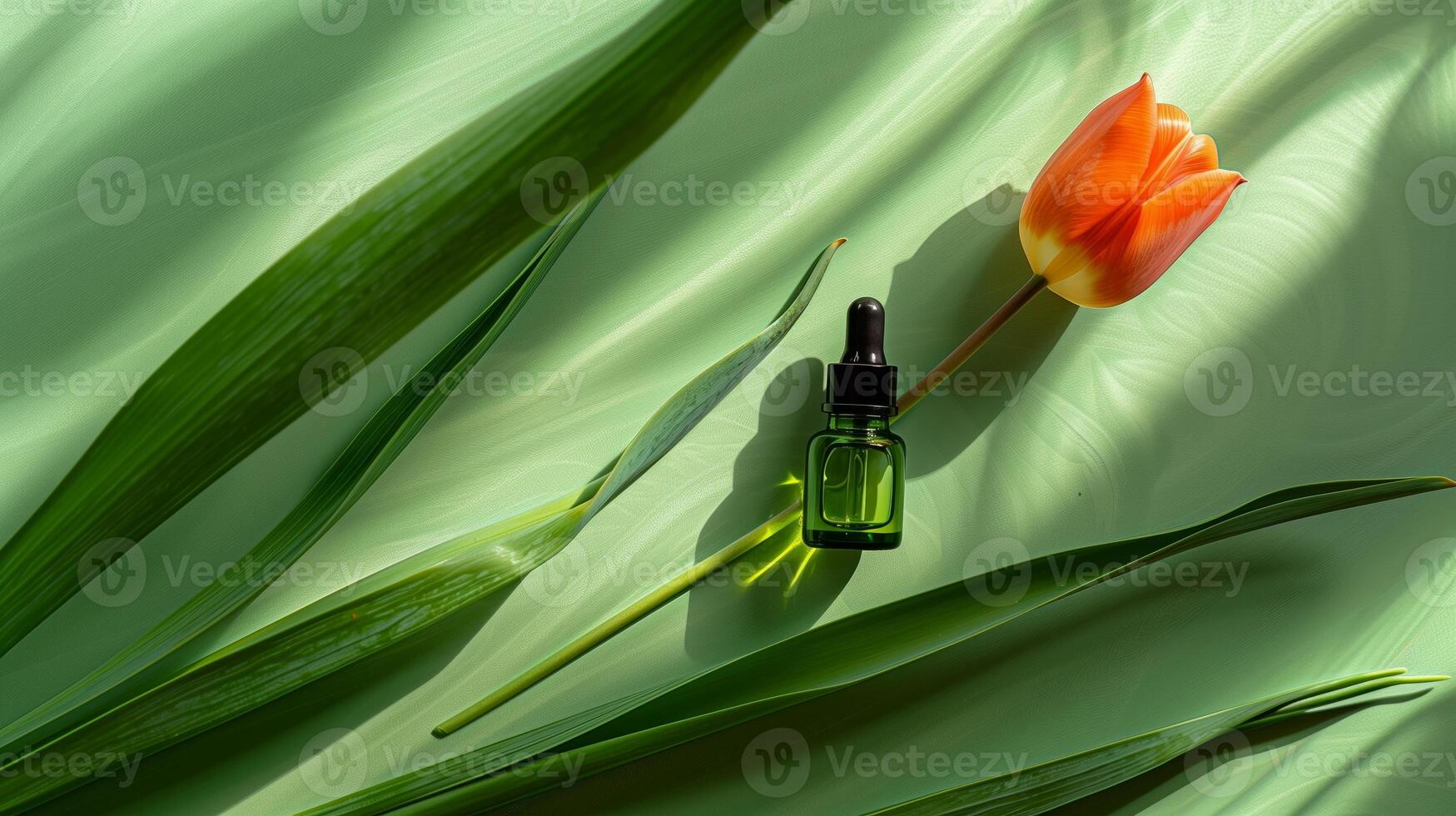 A bottle of green oil is placed on the long leaves, with an orange tulip next to it. photo