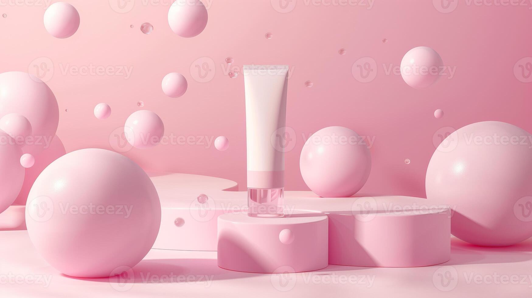 A pink pastel background with spheres and tubes for a cosmetic mockup. photo