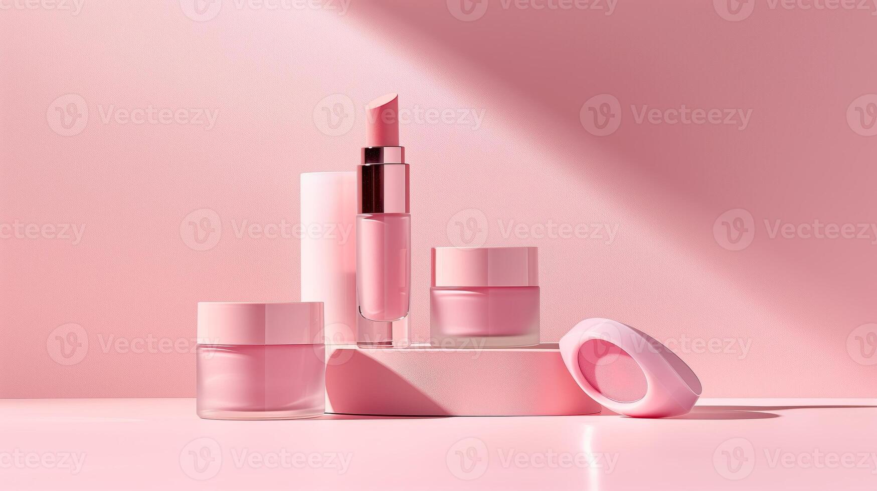 A minimalist product photo of a matching beauty range in rose pink background.