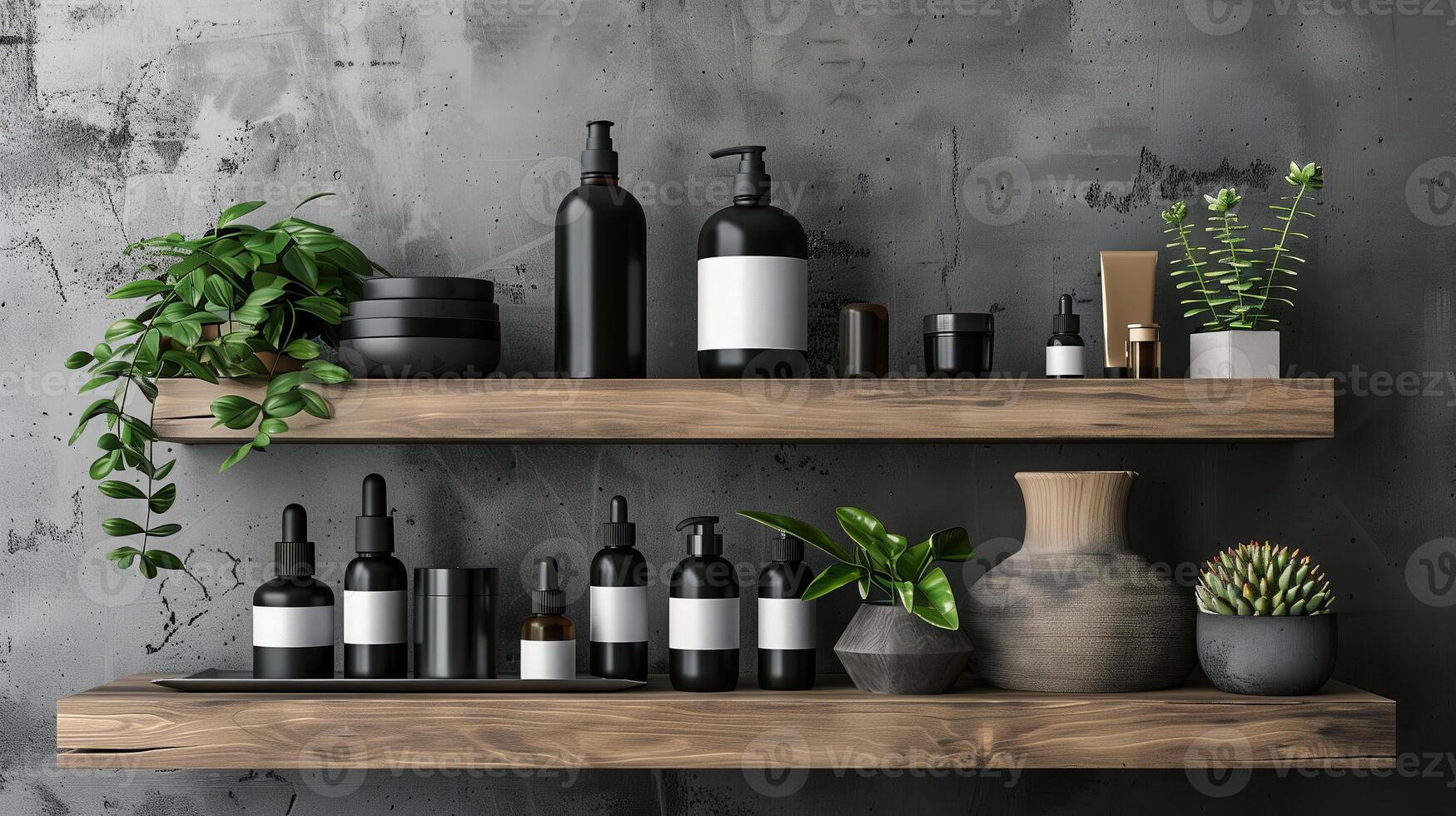 A wooden shelf with cosmetic bottles against the background of concrete walls. photo