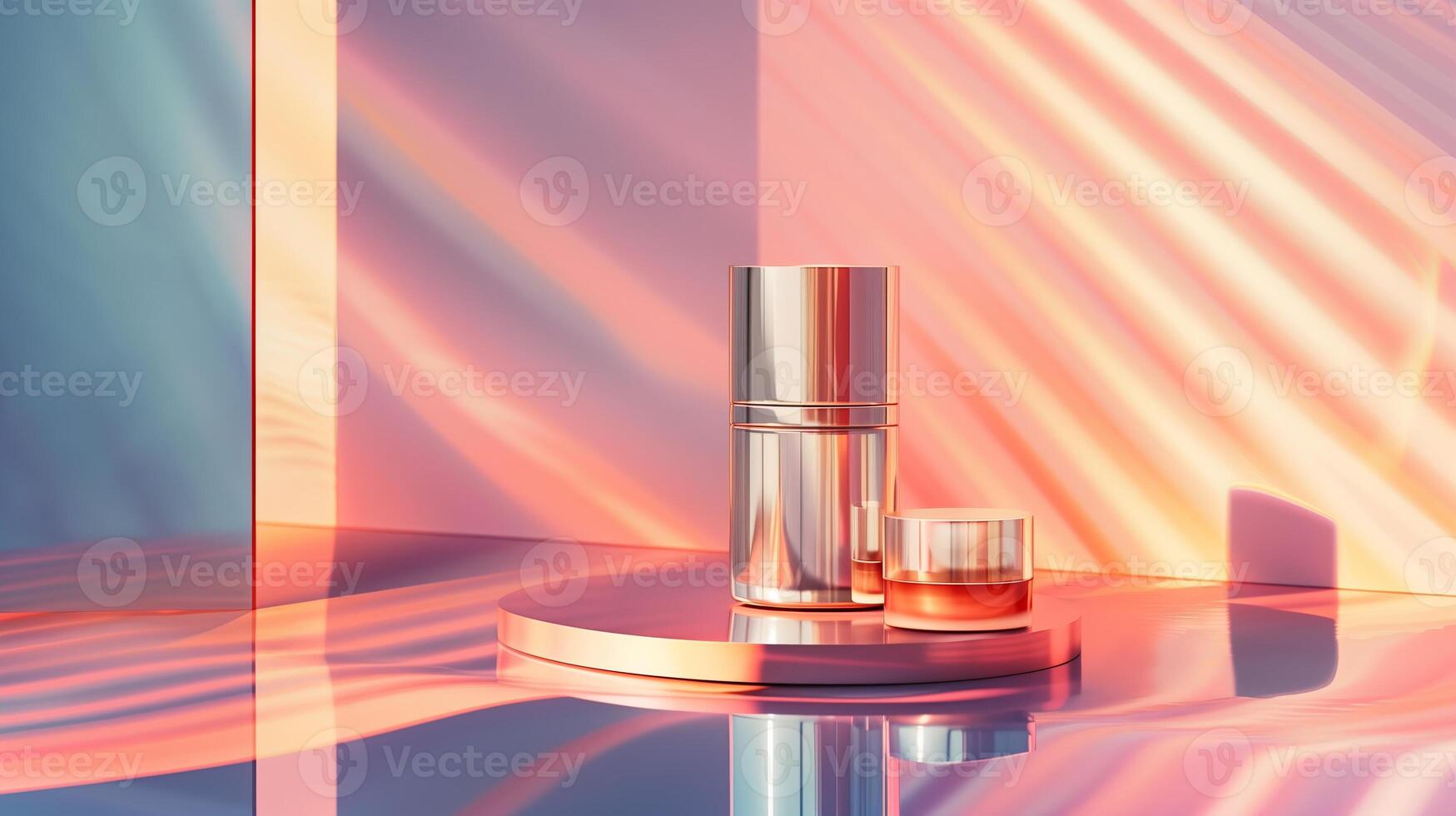 A high-end cosmetic product photograph featuring, placed against an abstract background with geometric patterns. photo