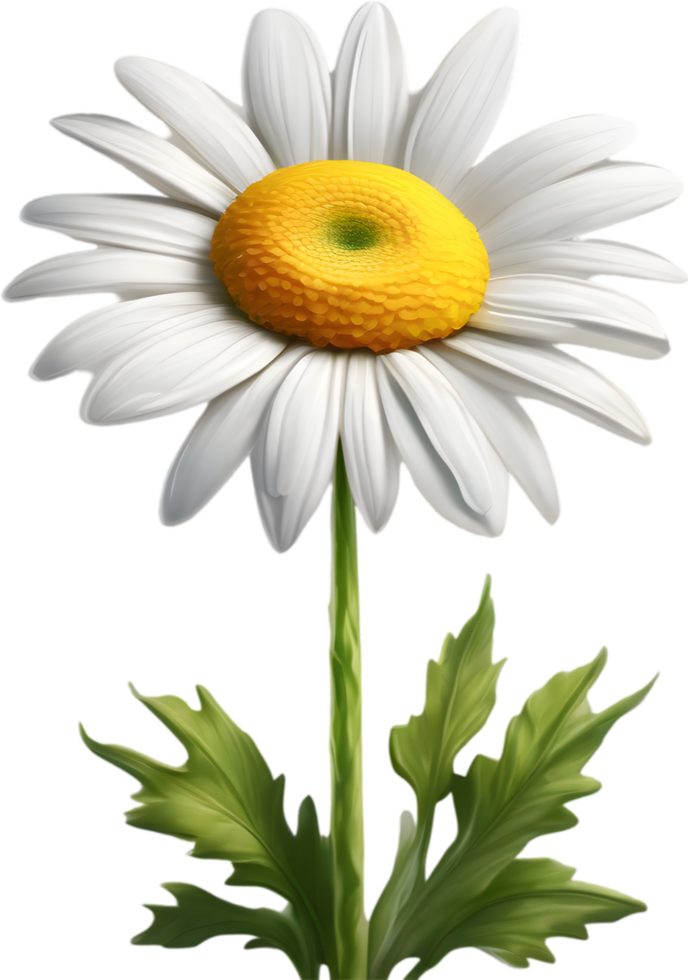 A cartoon daisy with green leaves and bright white petals. Ai-generated. png