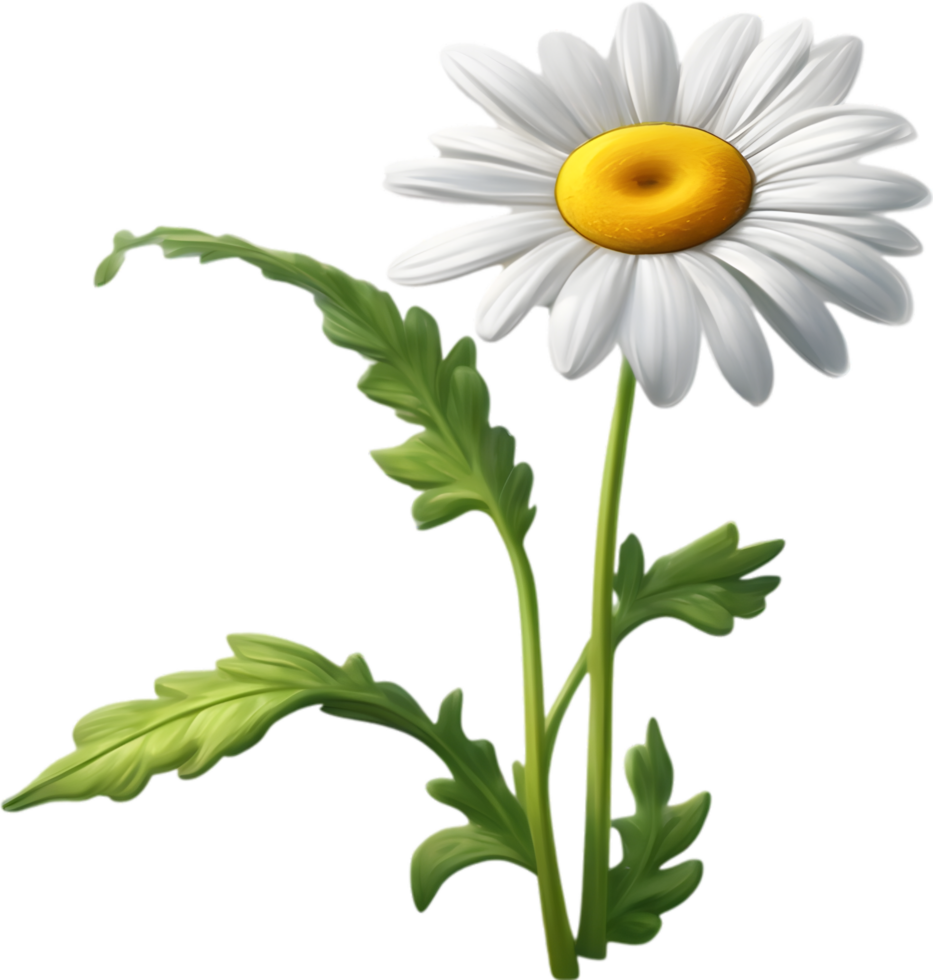A cartoon daisy with green leaves and bright white petals. Ai-generated. png