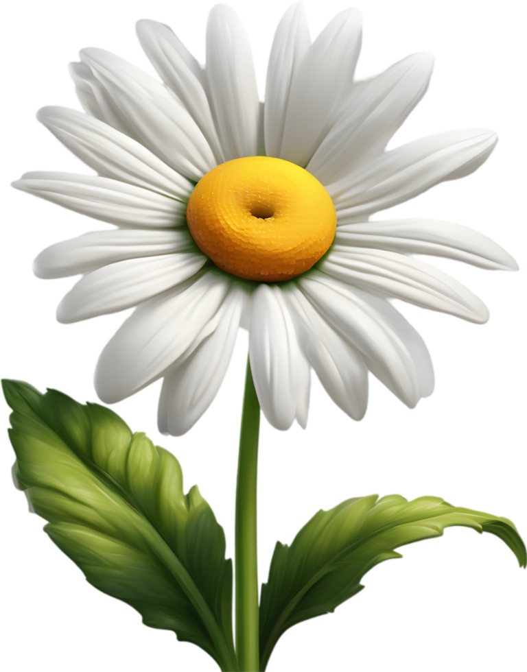 A cartoon daisy with green leaves and bright white petals. Ai-generated. png