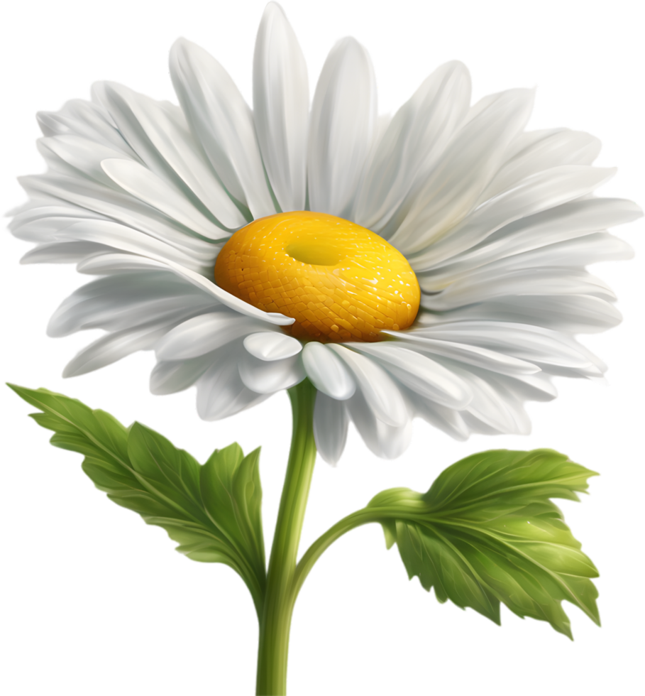 A cartoon daisy with green leaves and bright white petals. Ai-generated. png