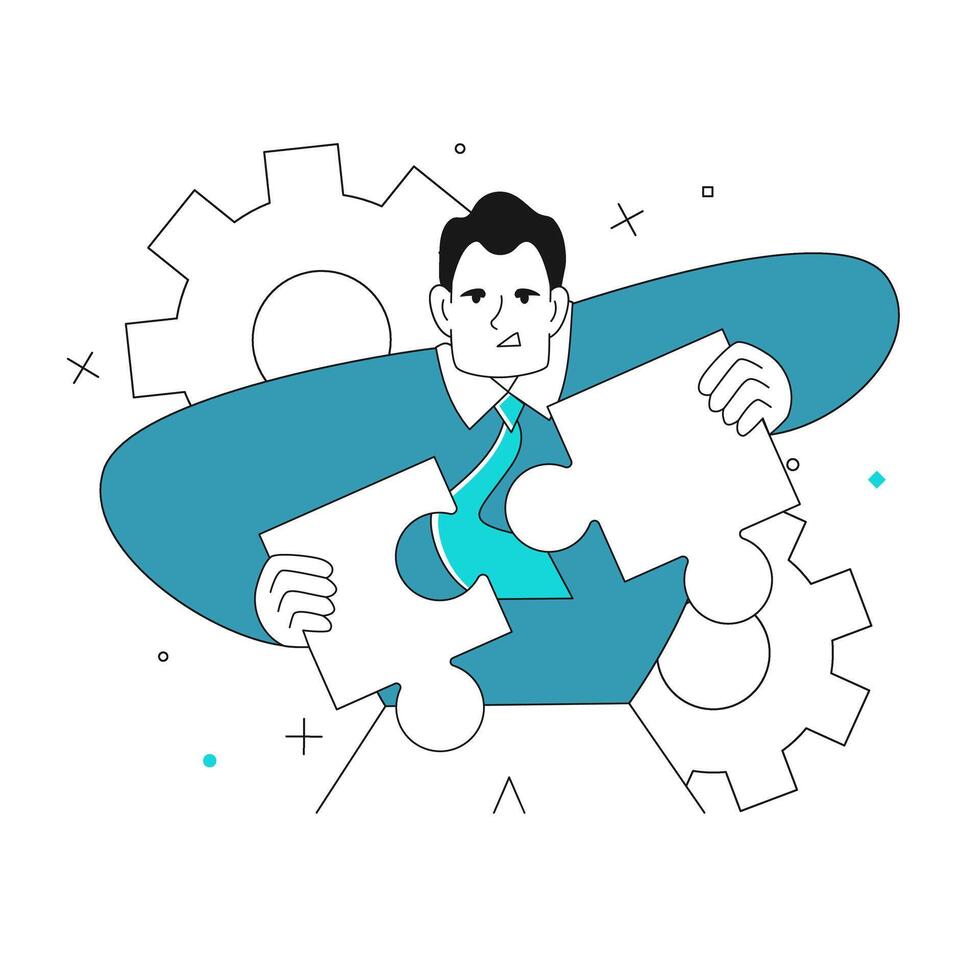 modern young businessman puts two pieces of a puzzle together. Concept of business solutions, business process, problem solving vector