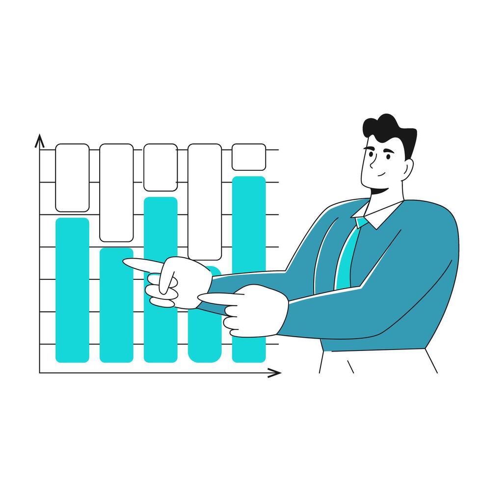 Modern young businessman pointing at a bar chart. data analysis concept, data visualization, sales analysis vector