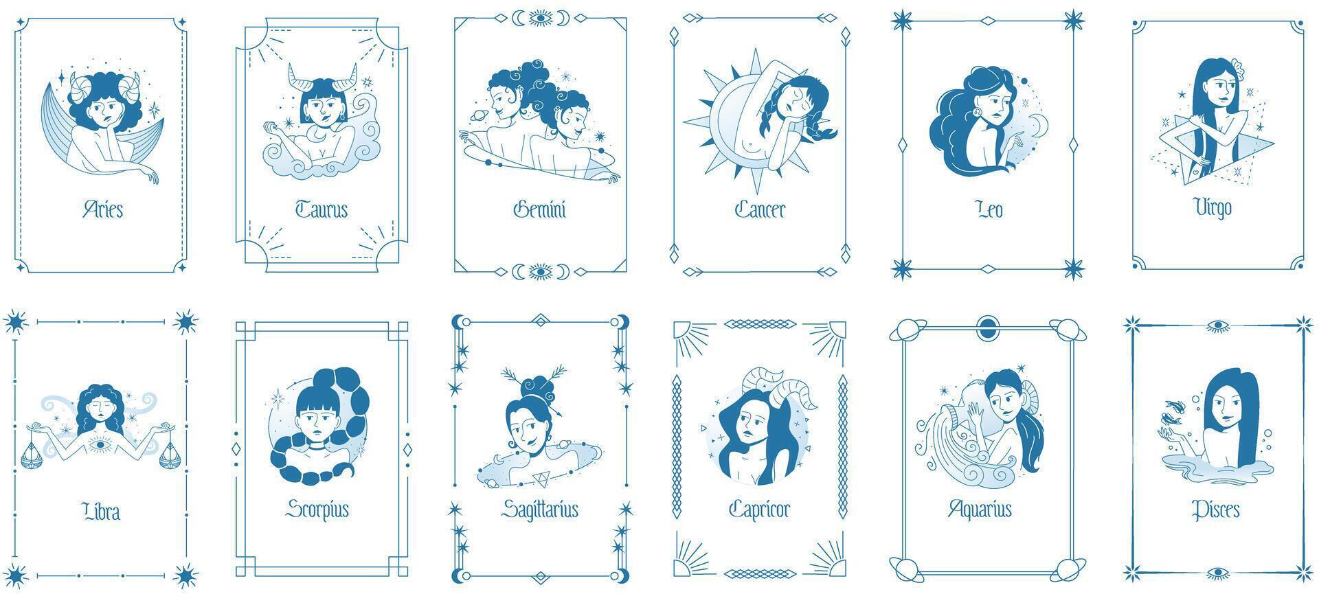 Hand drawn abstract graphic modern female characters of zadiac signs. Tarot cards template, Feminine astrology, Chinese horoscope concept vector