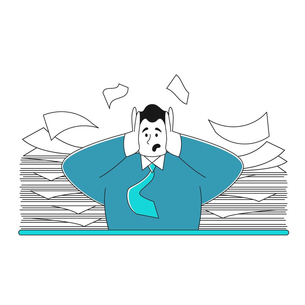 modern businessman with a pile of papers clutches his head. concept of high stress at work, intense productivity, emotional burnout, deadlines vector