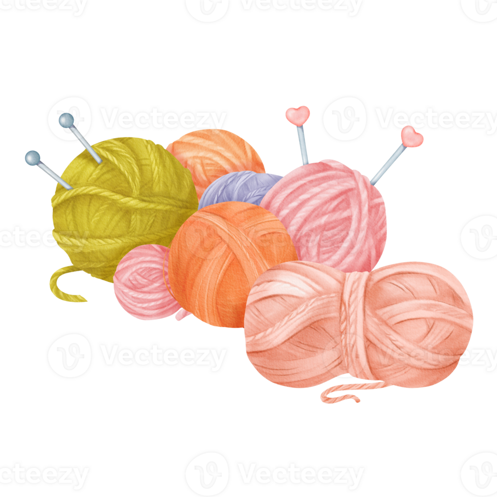 A composition featuring multicolored yarn skeins in green, pink, and orange, complemented by steel knitting needles. for crafting blogs, knitting tutorials, or DIY designs. Watercolor illustration png