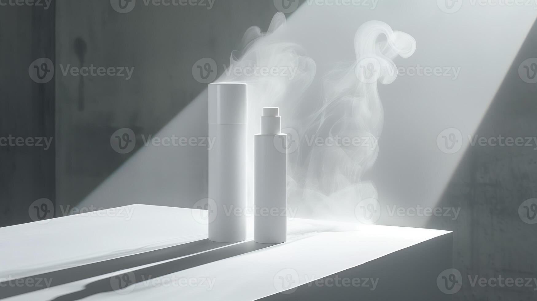Minimalistic skincare in white and transparent plastic bottles surrounded by foggy. photo