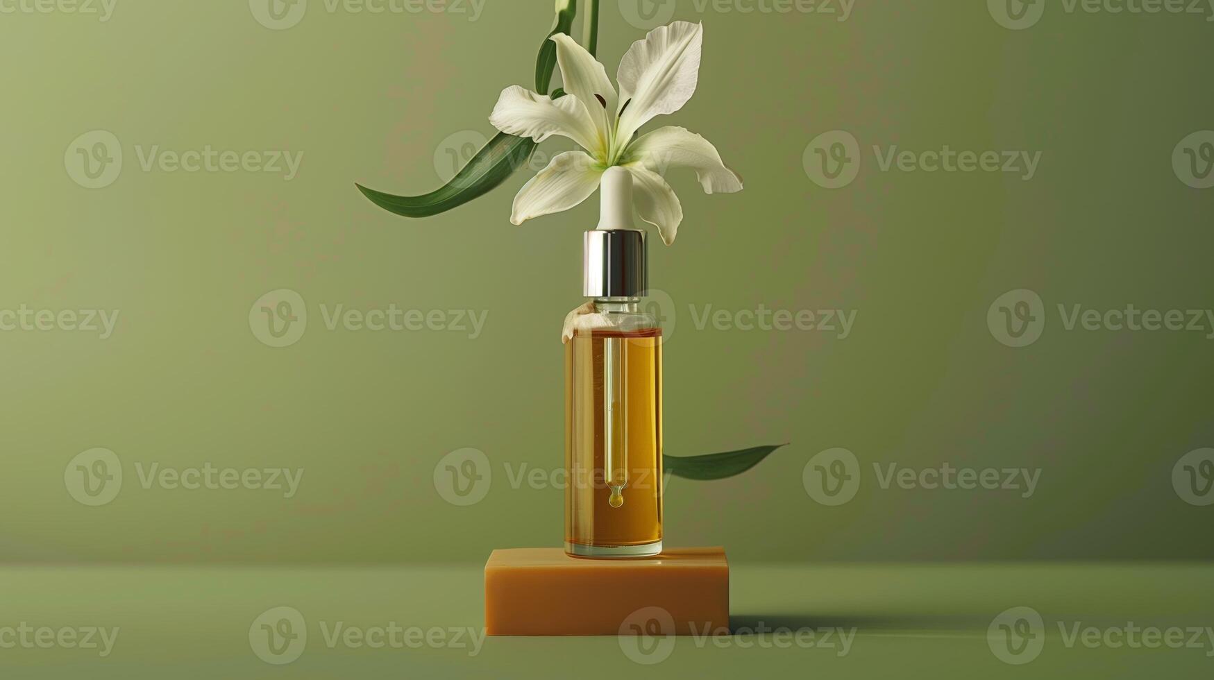 A bottle of face oil is placed on top, a flower hanging by it, against a green background. photo