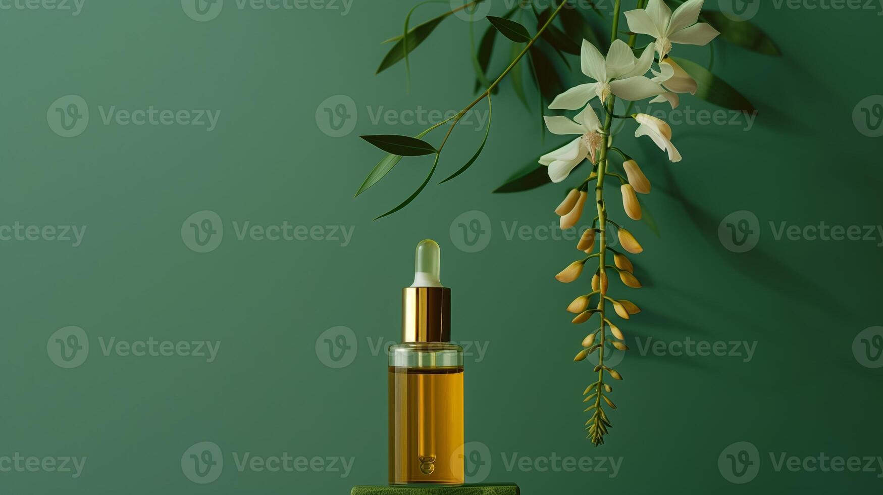 A bottle of face oil is placed on top, a flower hanging by it, against a green background. photo