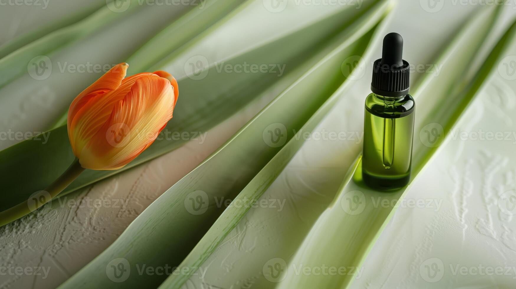 A bottle of green oil is placed on the long leaves, with an orange tulip next to it. photo