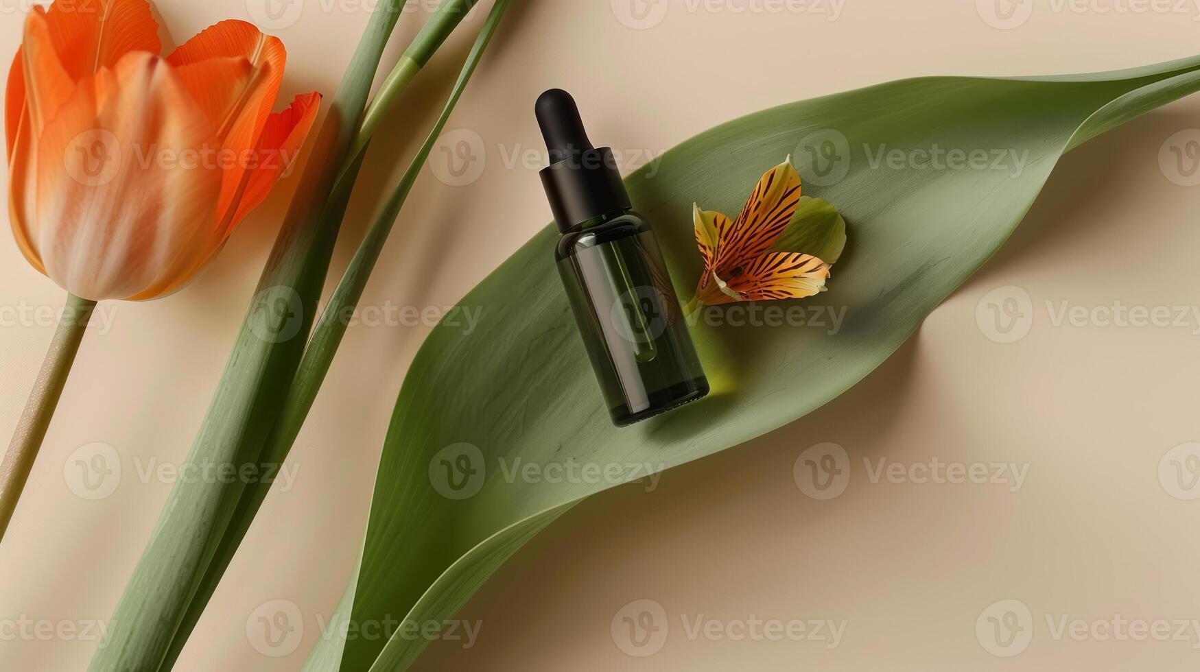 A bottle of green oil is placed on the long leaves, with an orange tulip next to it. photo