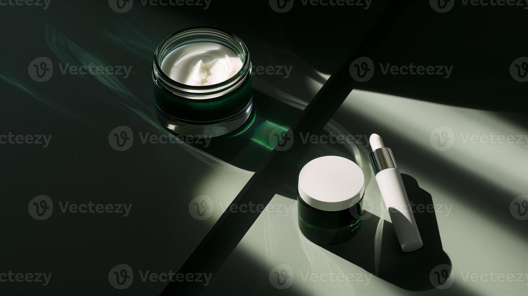 A dark green background with skincare products placed on it, surrounded by sunlight. photo