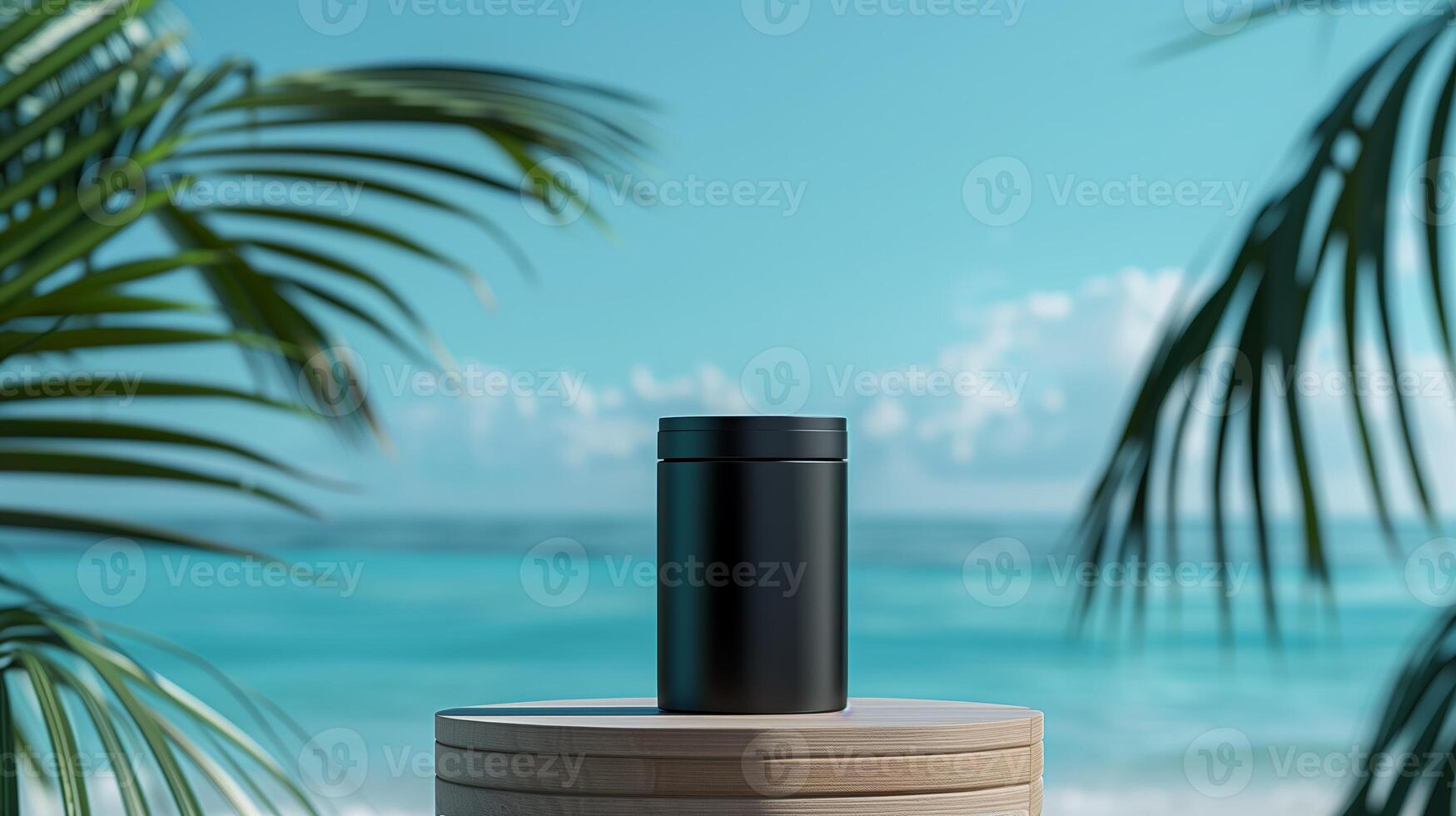 A matte black jar on an elegant wooden podium in front of the ocean with palm leaves. photo