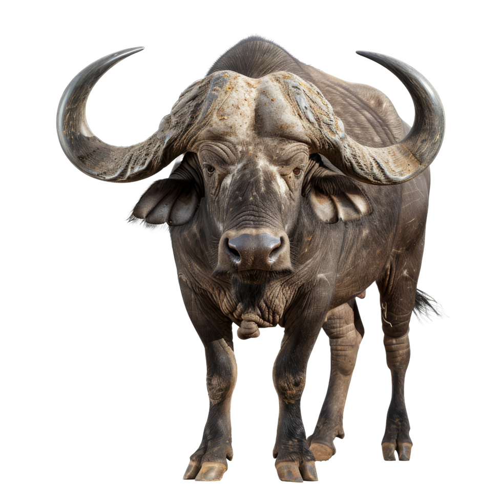 A dominant African buffalo stands majestically in front of a plain white backdrop, a african buffalo isolated on transparent background png