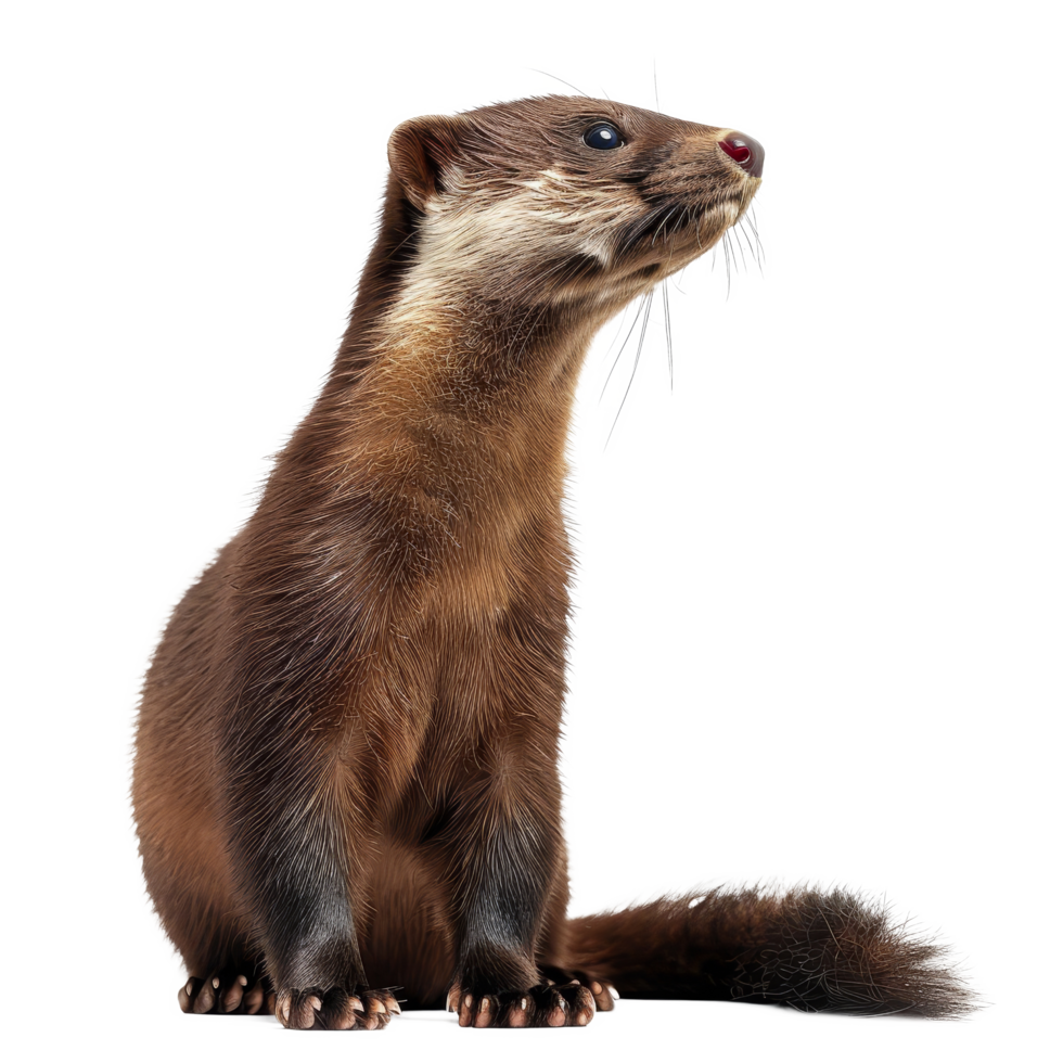 A ferret is seated in front of a plain white backdrop, a american mink isolated on transparent background png