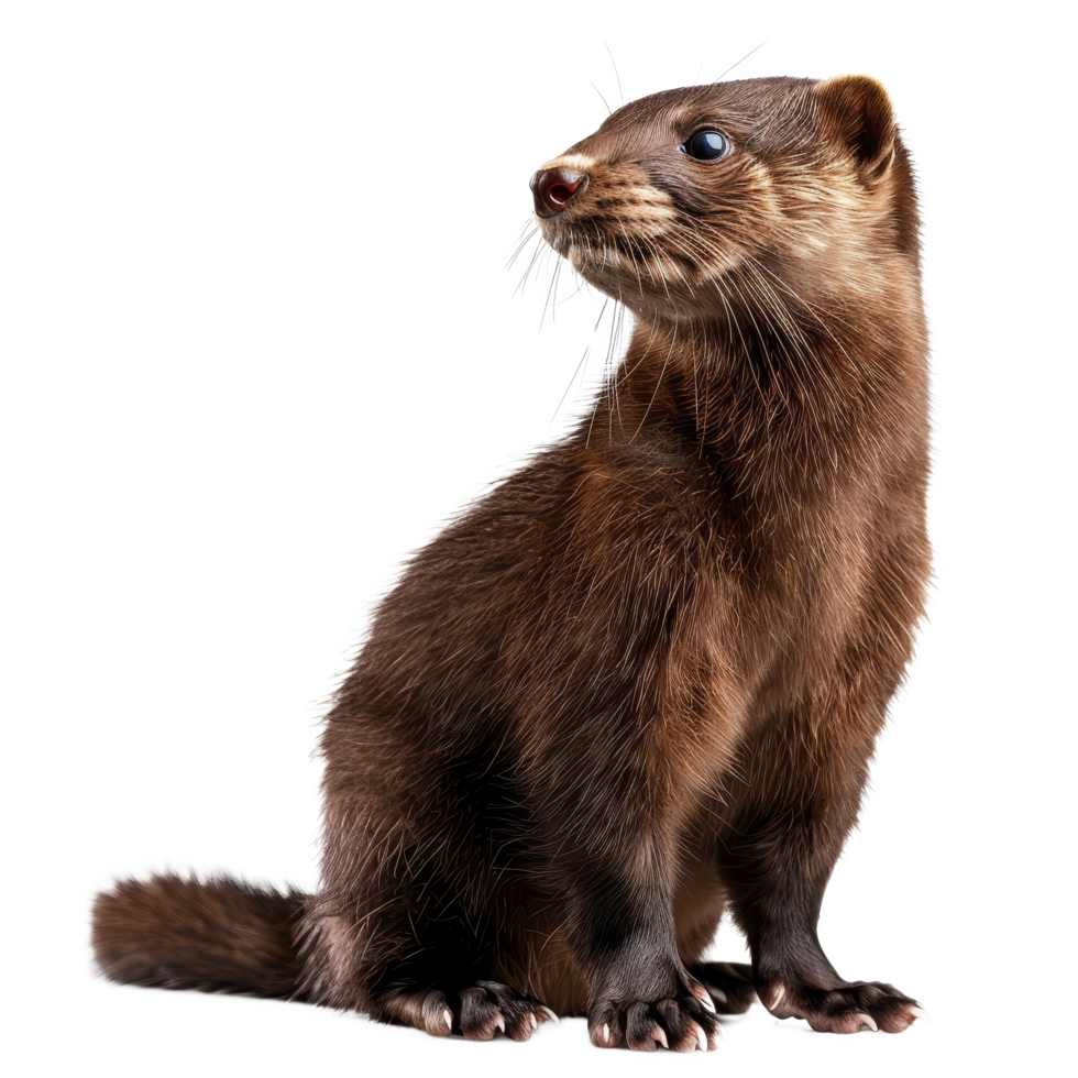 A brown ferret calmly sits in front of a plain background, a american mink isolated on transparent background png