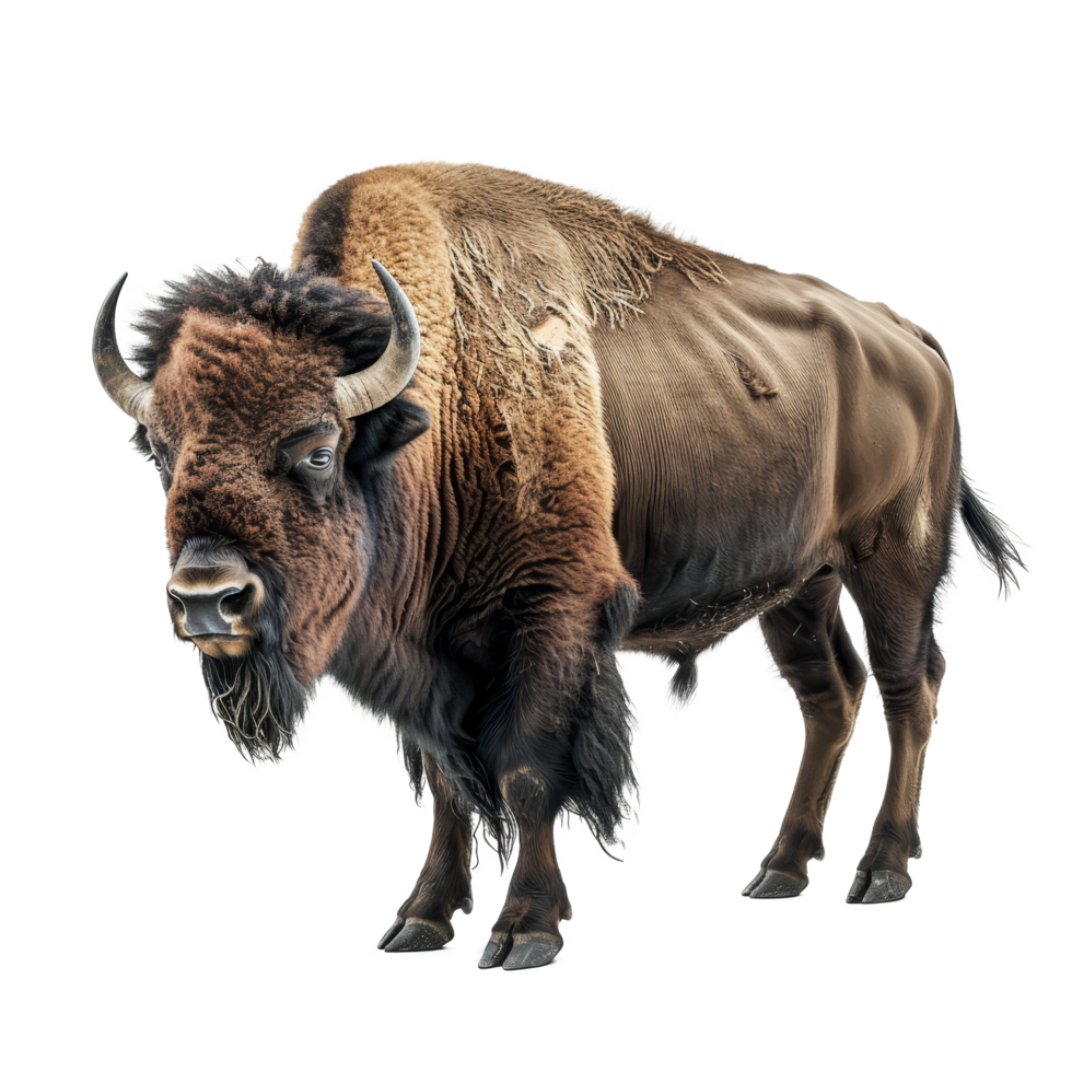 An American bison stands against a plain white backdrop, a american bison isolated on transparent background png