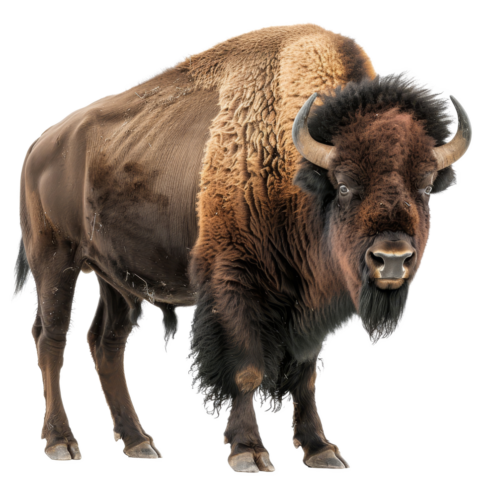 An American bison standing firmly in front of a plain white backdrop, a american bison isolated on transparent background png