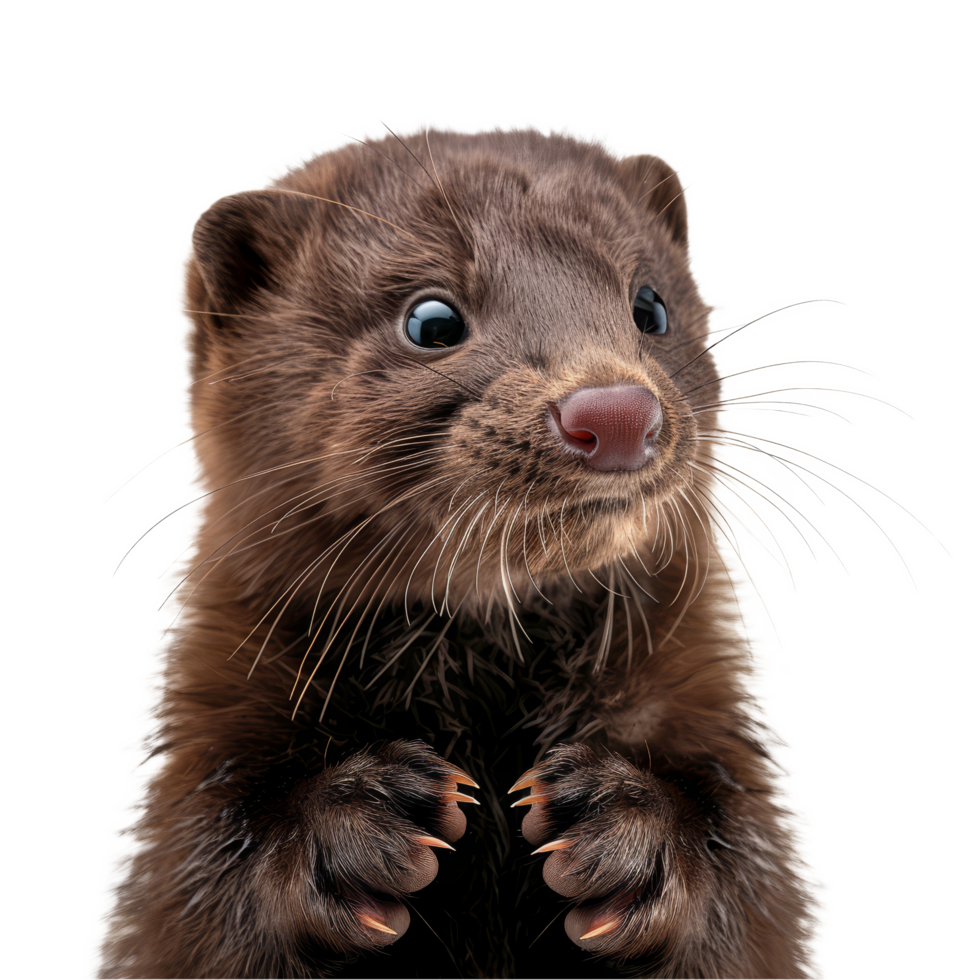 A brown ferret locks eyes with the camera as it gazes upward, a american mink isolated on transparent background png