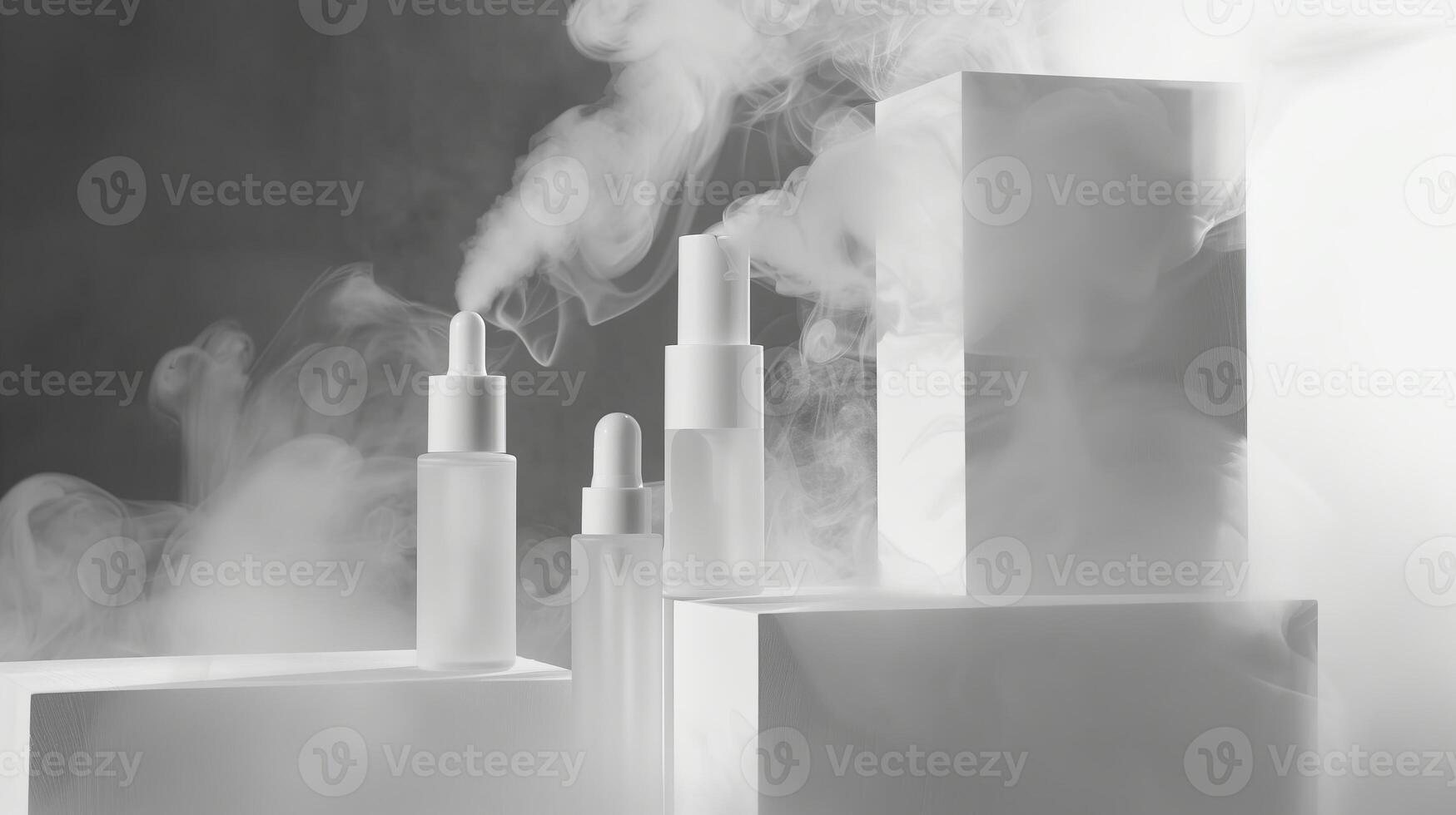 Minimalistic skincare in white and transparent plastic bottles surrounded by foggy. photo