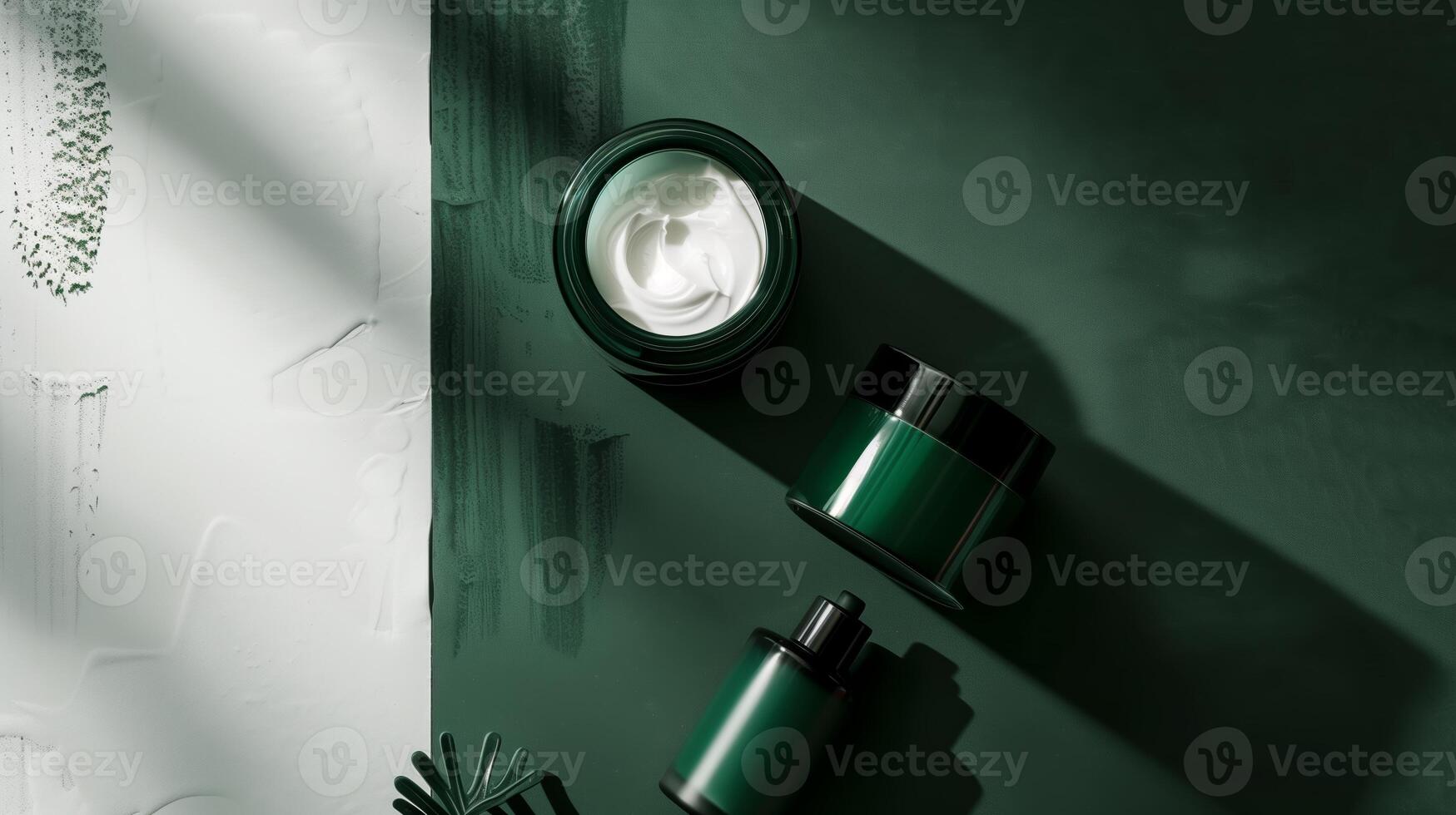A dark green background with skincare products placed on it, surrounded by sunlight. photo