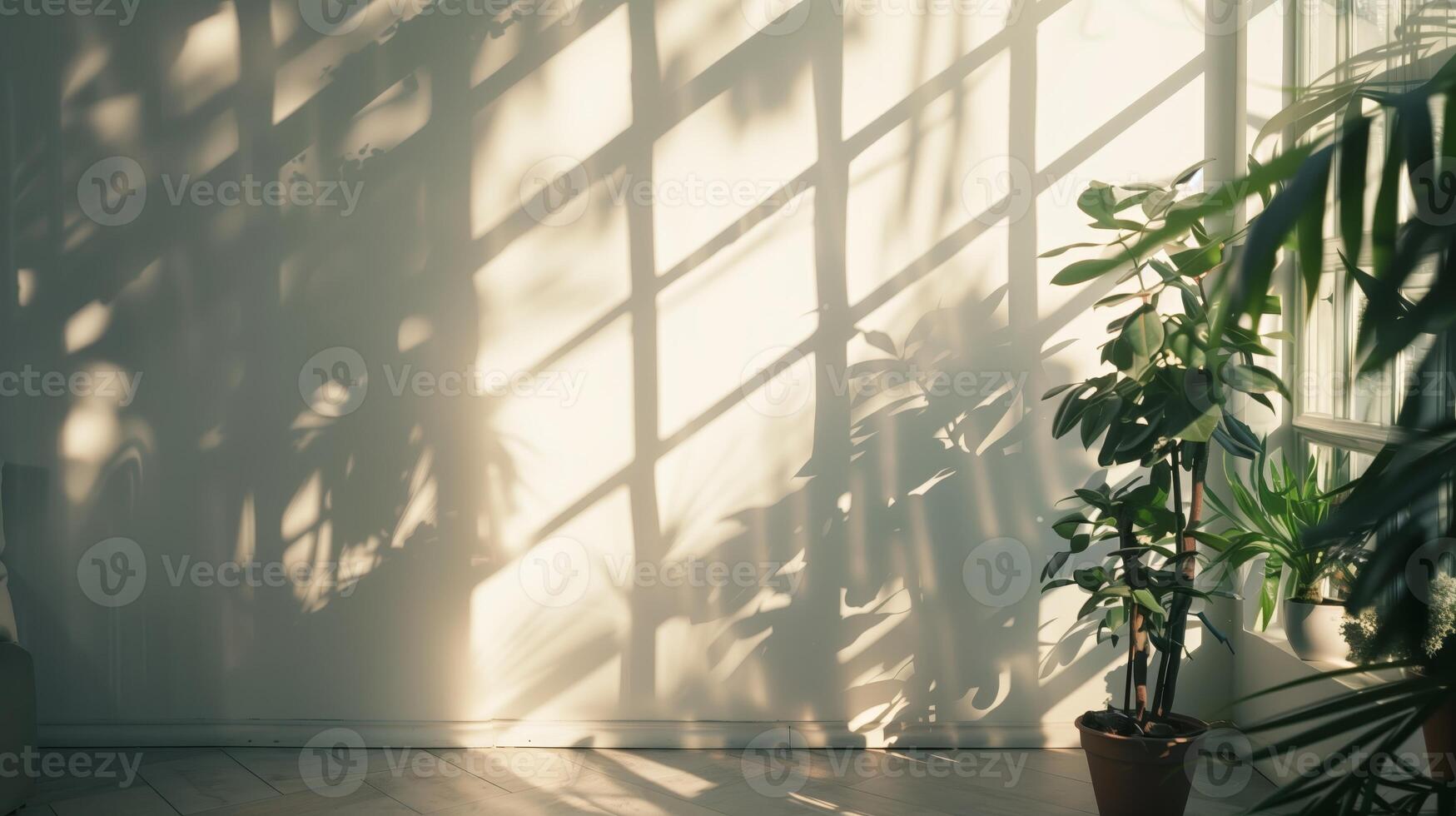 The shadow from plants cast on an empty wall. photo
