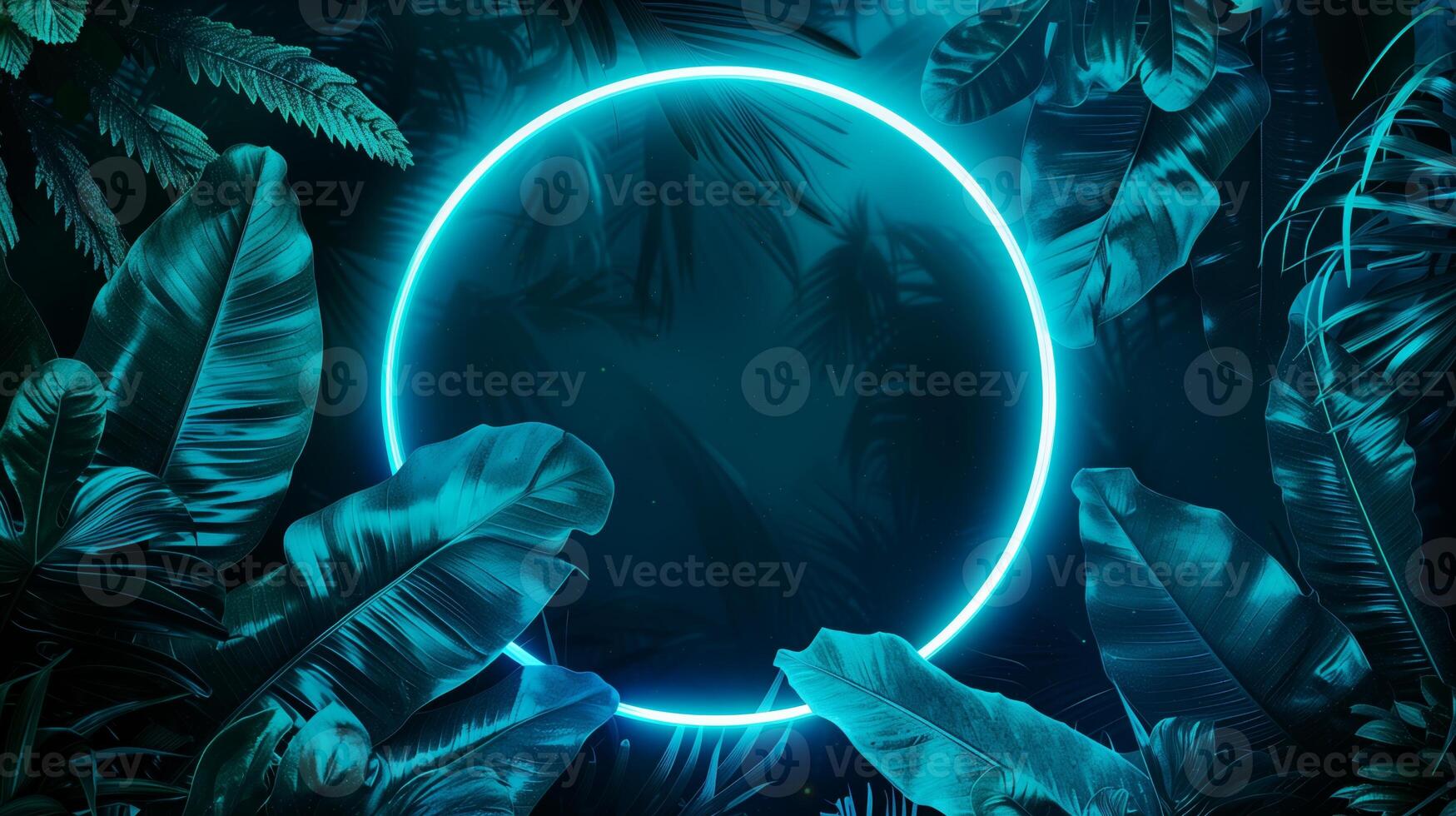 A blue neon frame with leaves on dark background. photo