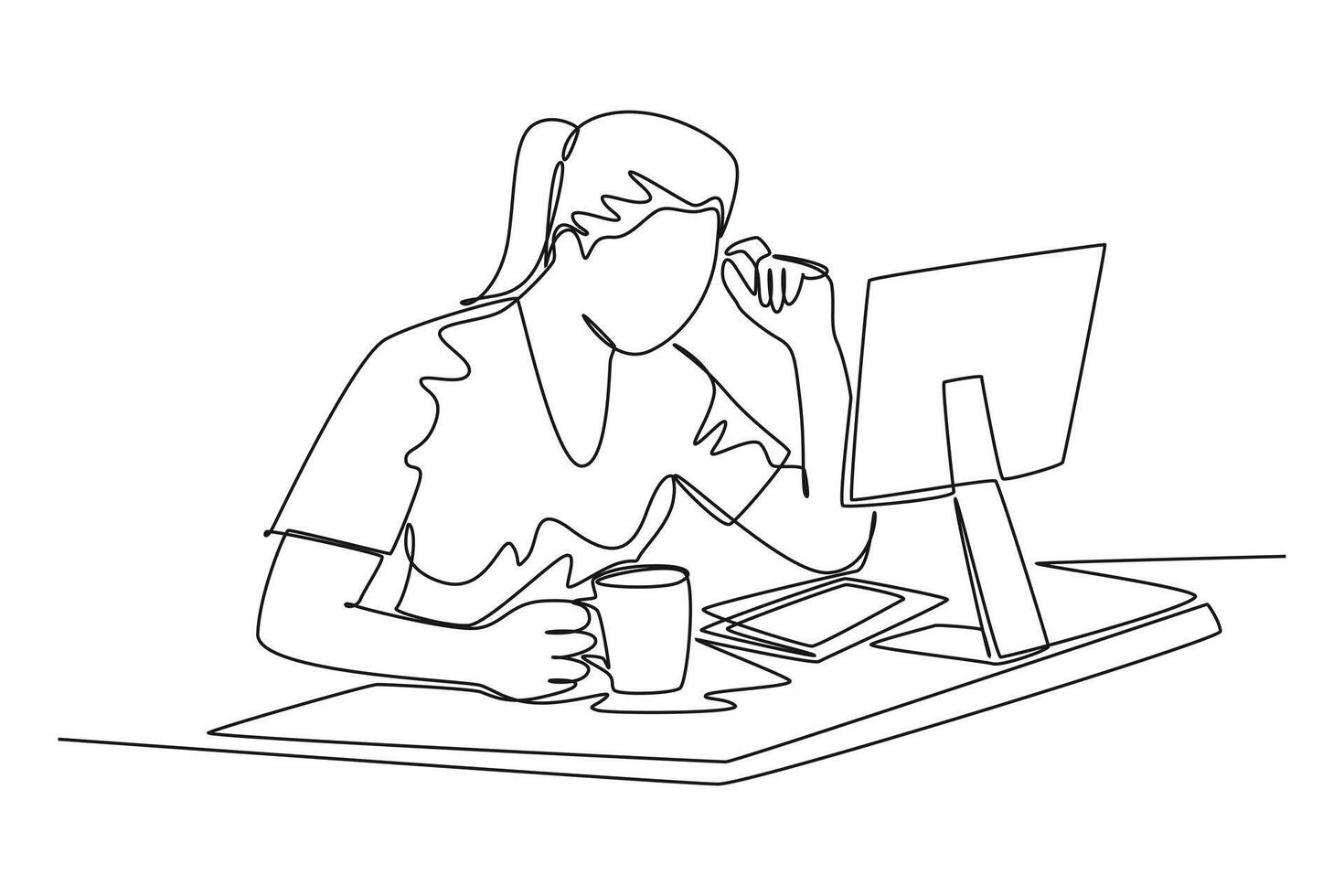 Single one line drawing of young female employee staring at laptop and thinking for business innovation ideas. Drinking coffee or tea concept. Continuous line draw design graphic illustration vector
