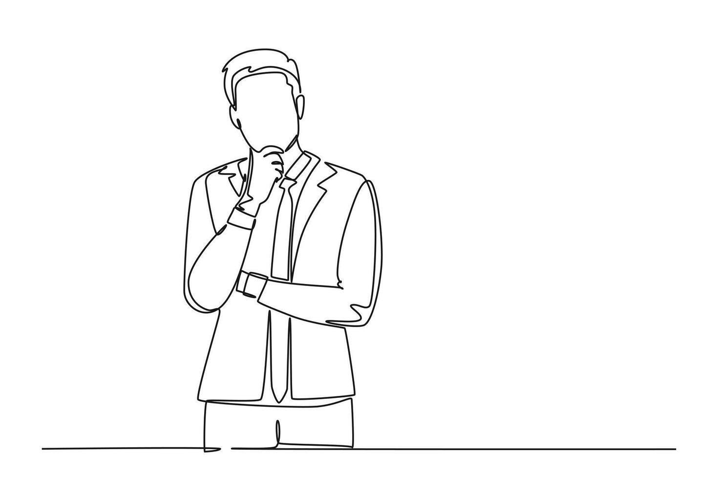 Continuous one line drawing front view of young startup founder standing and thinking about business strategy for office meeting. Business ideas concept. Single line design graphic illustration vector
