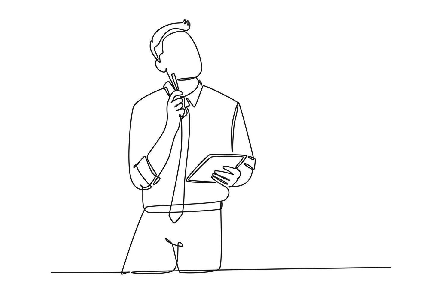Continuous one line drawing of young manager focus thinking about his career, continuity in company after promotion. Successful career path concept. Single line draw design graphic illustration vector
