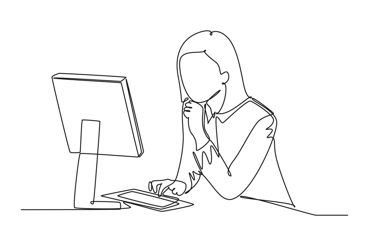 Continuous one line drawing young female manager sitting calmly in front of laptop and thinking of business strategy at the office. Business idea. Single line draw design graphic illustration vector