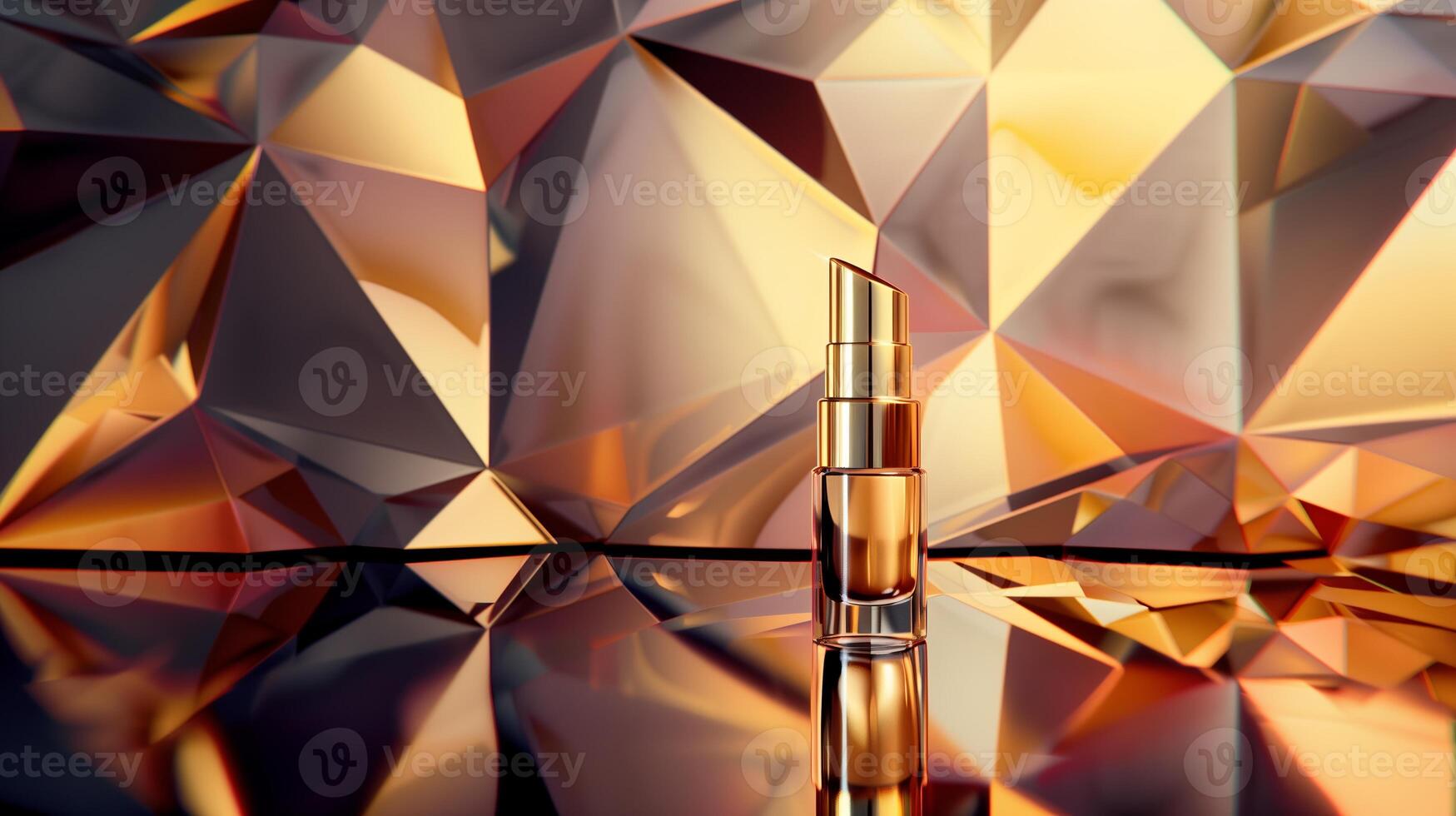 A high-end cosmetic product photograph featuring, placed against an abstract background with geometric patterns. photo