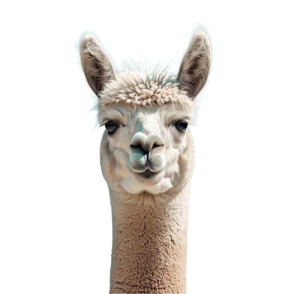 A detailed view of a llama against a plain white backdrop, a alpaca isolated on transparent background png