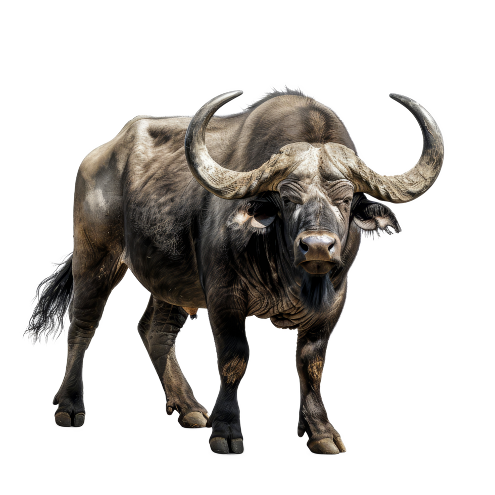 A large wildebeest stands on a background, a african buffalo isolated on transparent background png