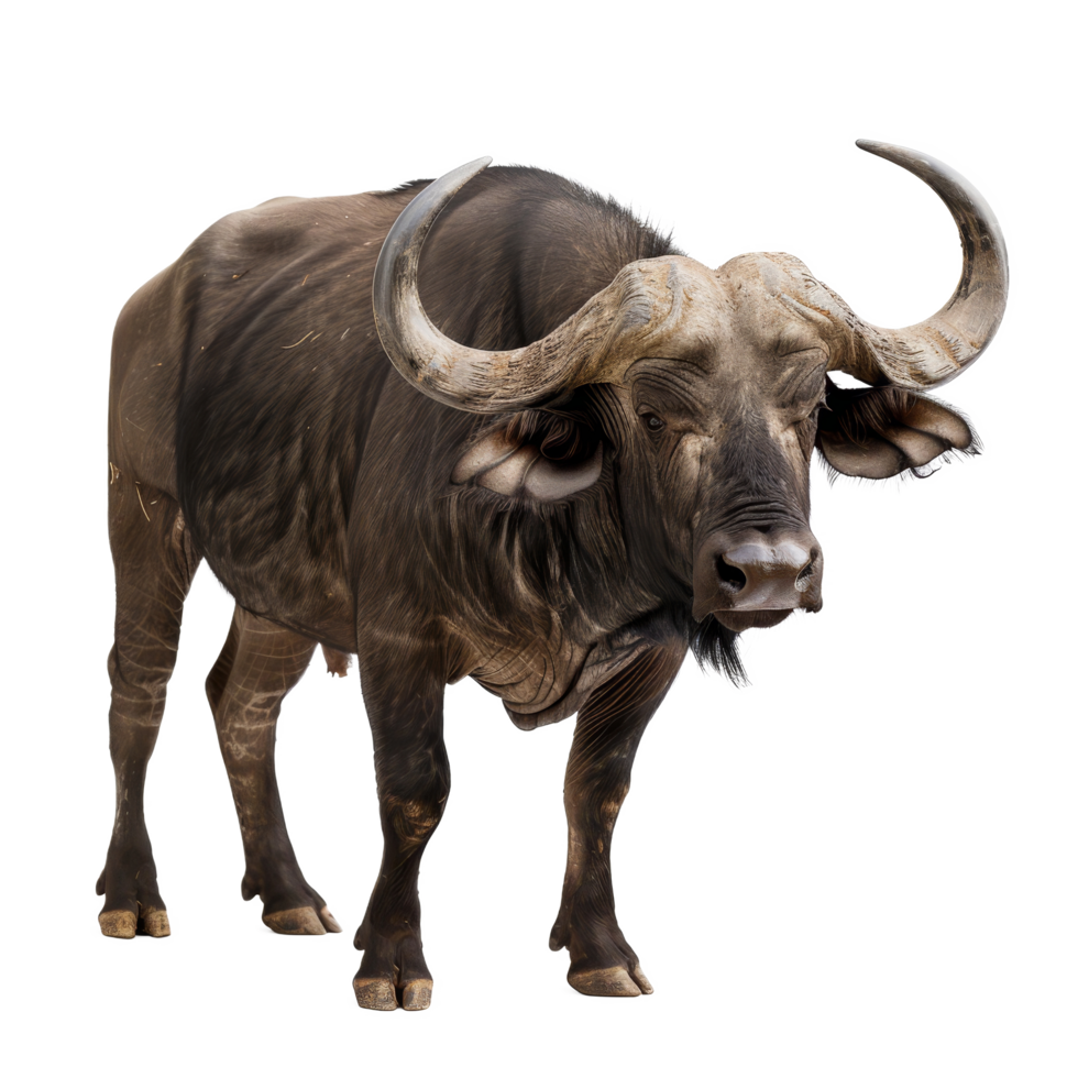 An African buffalo standing in front of a plain background, a african buffalo isolated on transparent background png