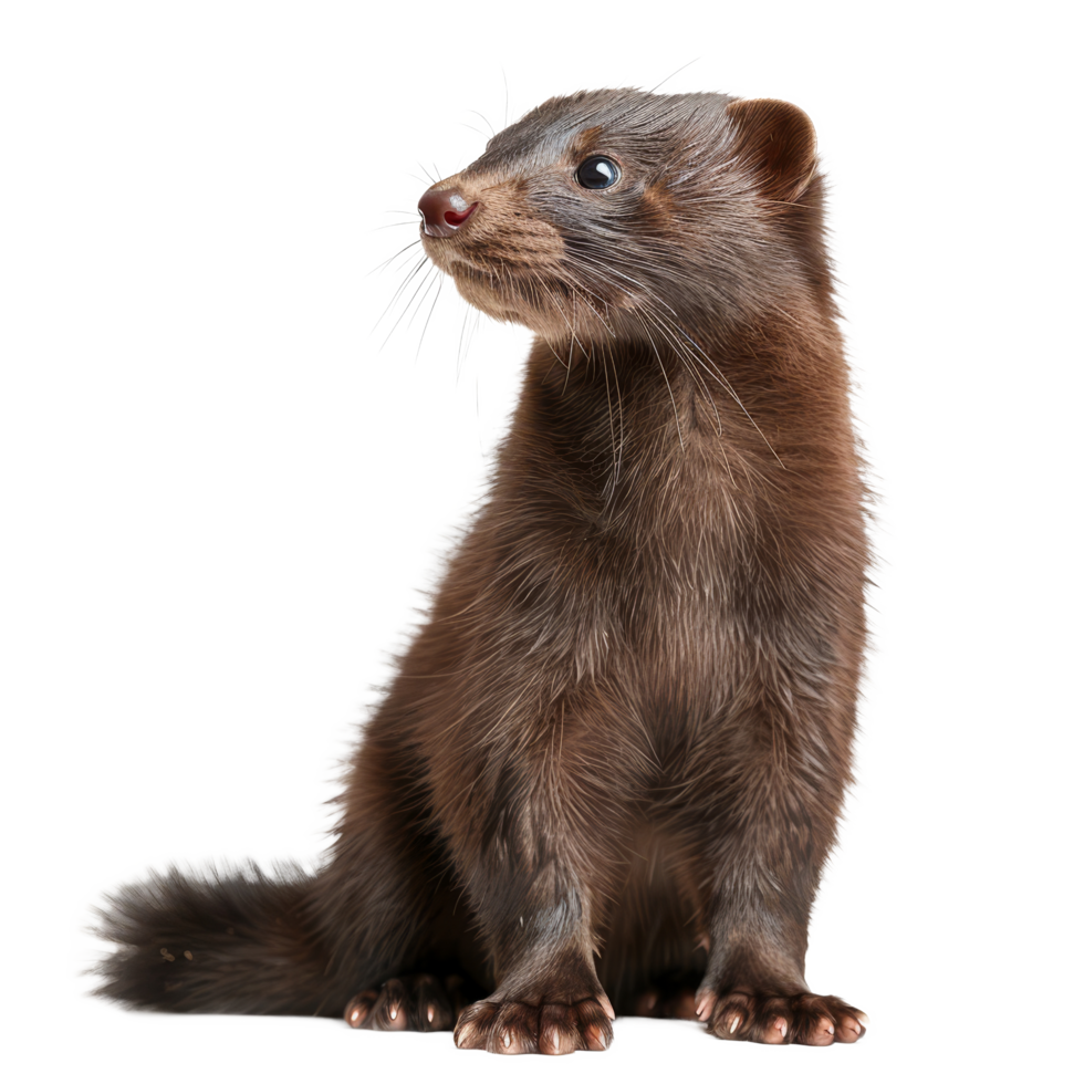 A brown ferret is calmly seated in front of a plain white backdrop, a american mink isolated on transparent background png