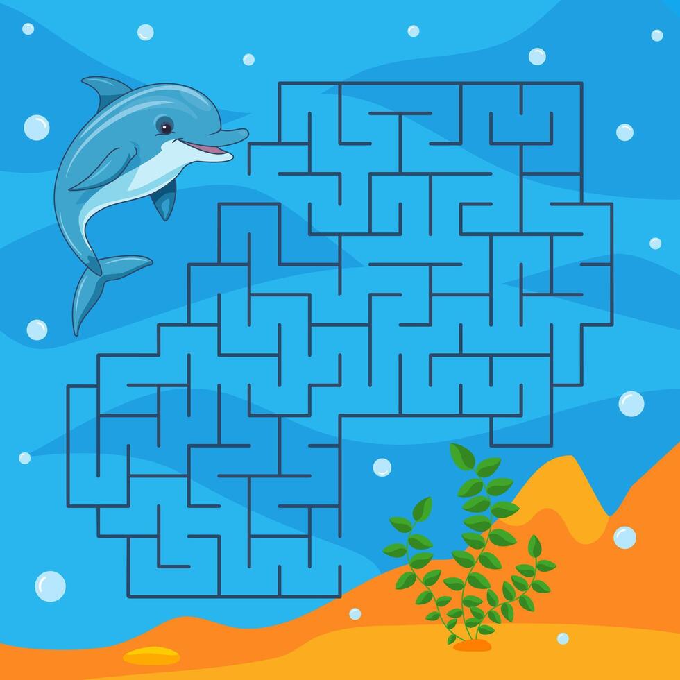 para niños juego laberinto en el tema de el submarino mundo. ayuda el delfín encontrar el Derecha camino. vector